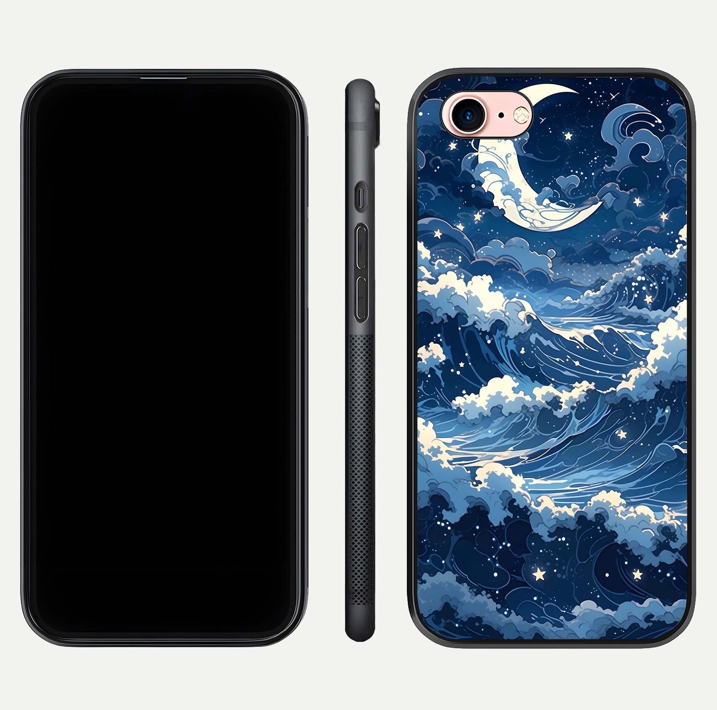 Ocean Moon Waves Glass Case for iPhone 6 Plus front & back layout highlighting water flow and smooth edges