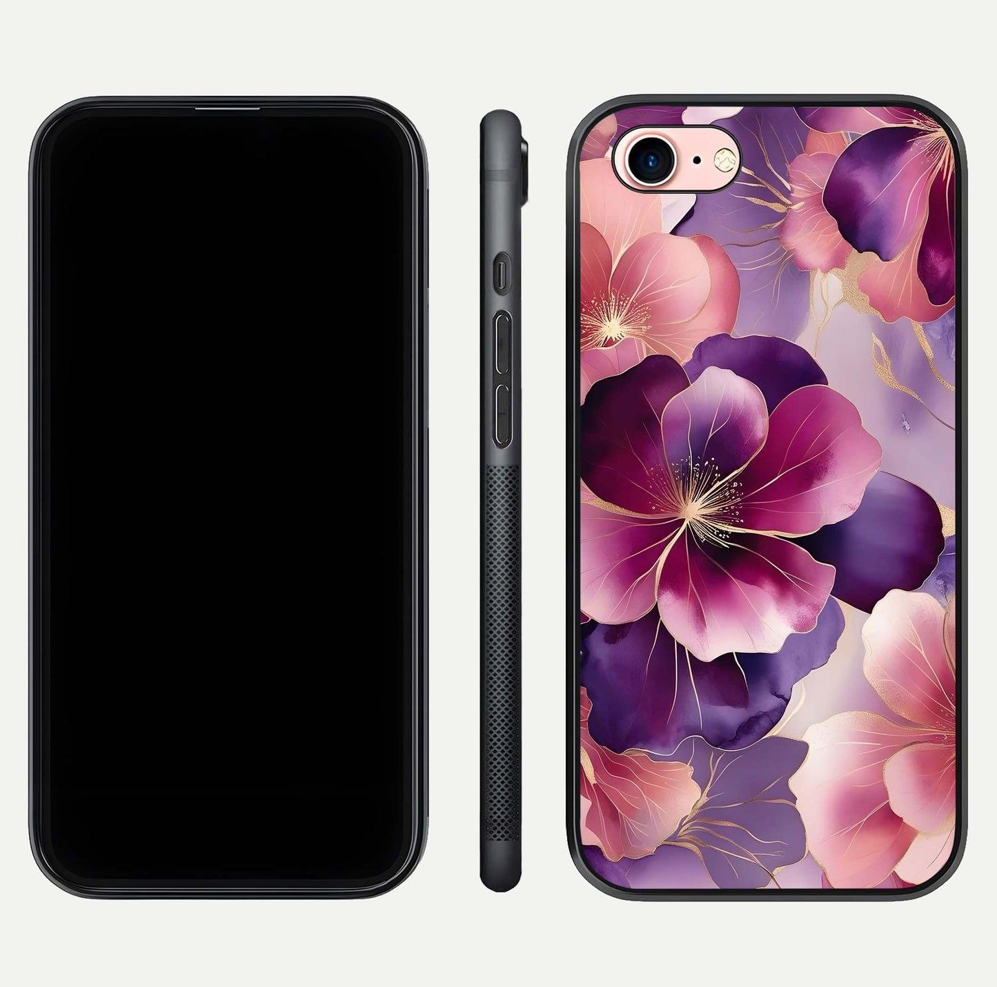 Pink Bouquet Florals Glass Case for iPhone 6 Plus front & back layout highlighting vivid petals and smooth edges