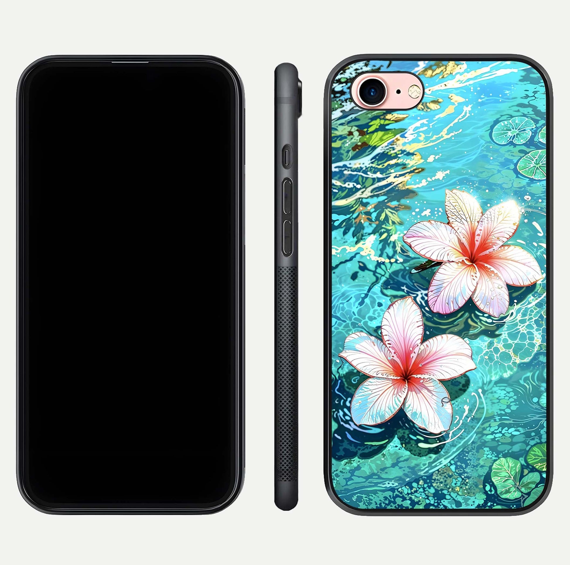 Pink Flowers in Water Glass Case for iPhone 6 Plus front & back layout showing elegant pastel floral tones