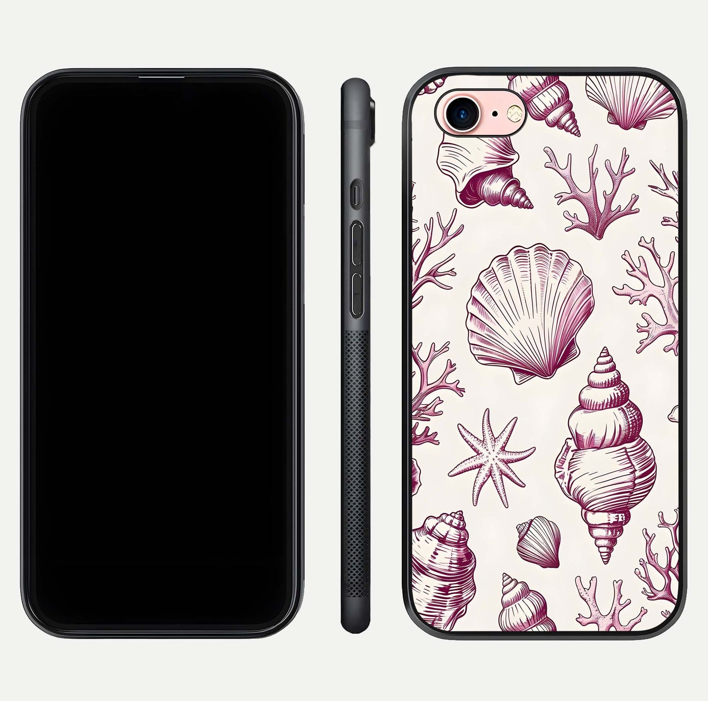 Pink Shells Outline Glass Case for iPhone 6 Plus front & back layout showing soft pastel tones and edge design