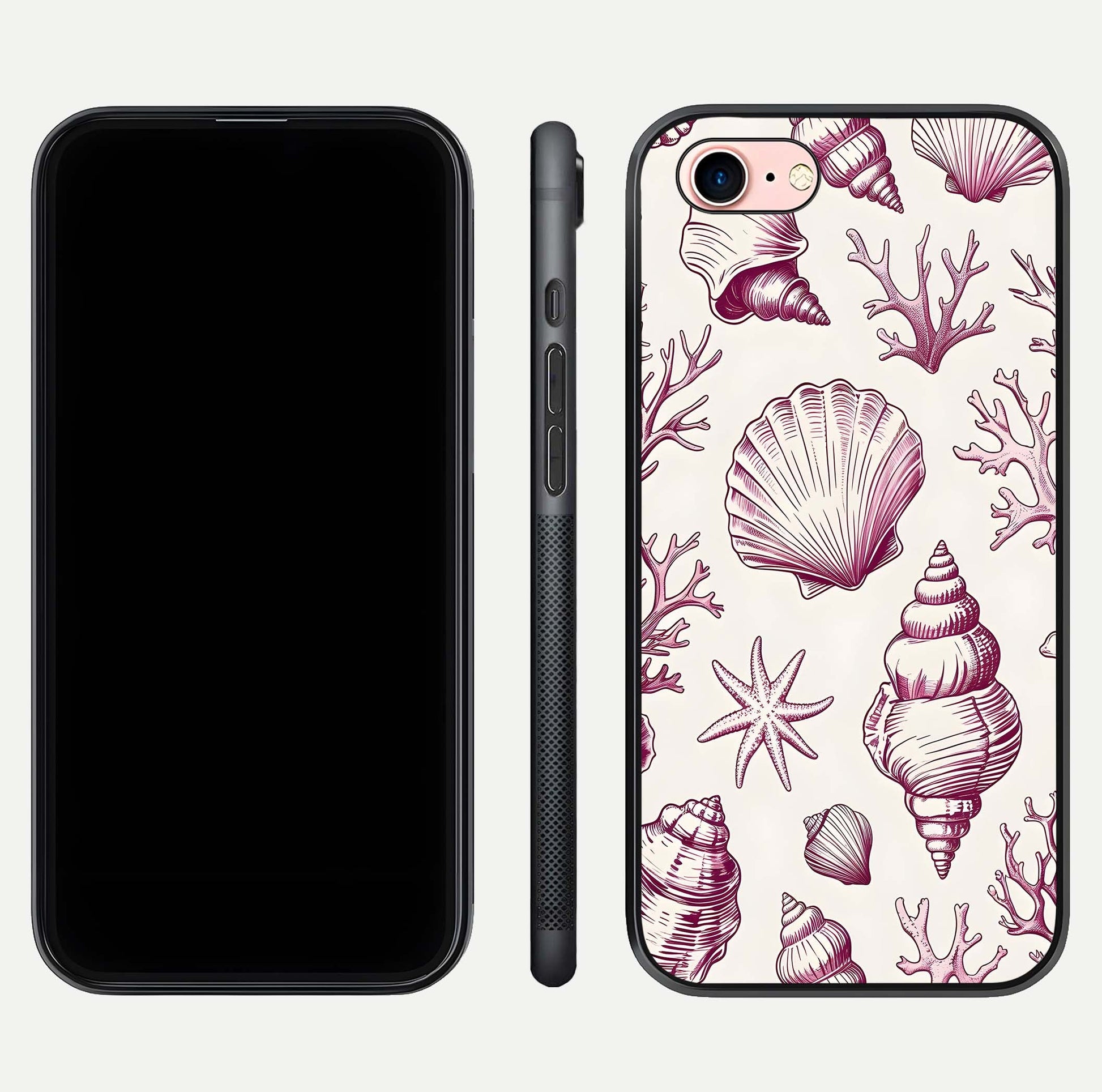 Pink Shells Outline Glass Case for iPhone 6 Plus front & back layout showing soft pastel tones and edge design