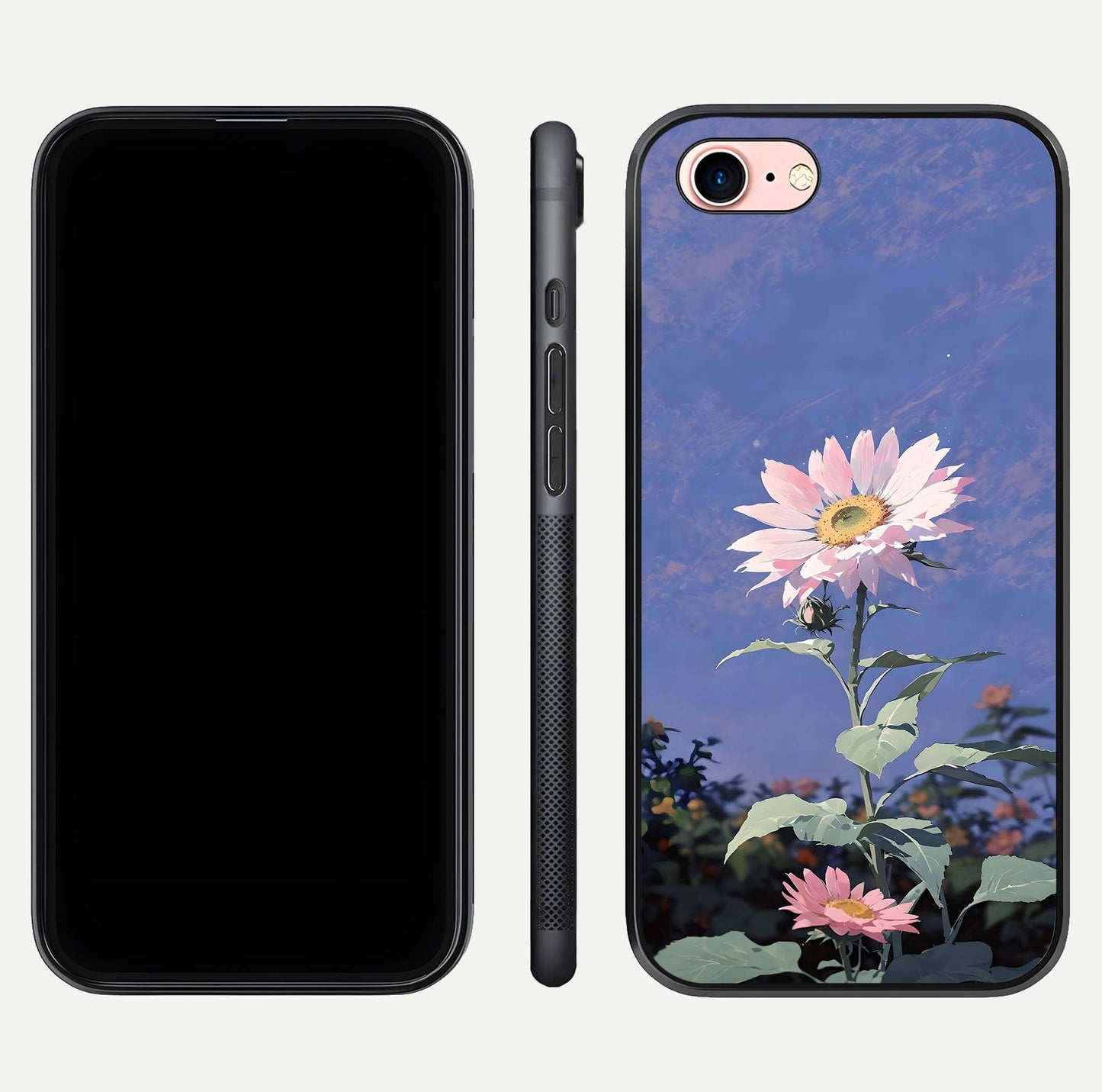 Pink Sunflower Glow Glass Case for iPhone 6 Plus front & back layout showing HD tones and bright finish
