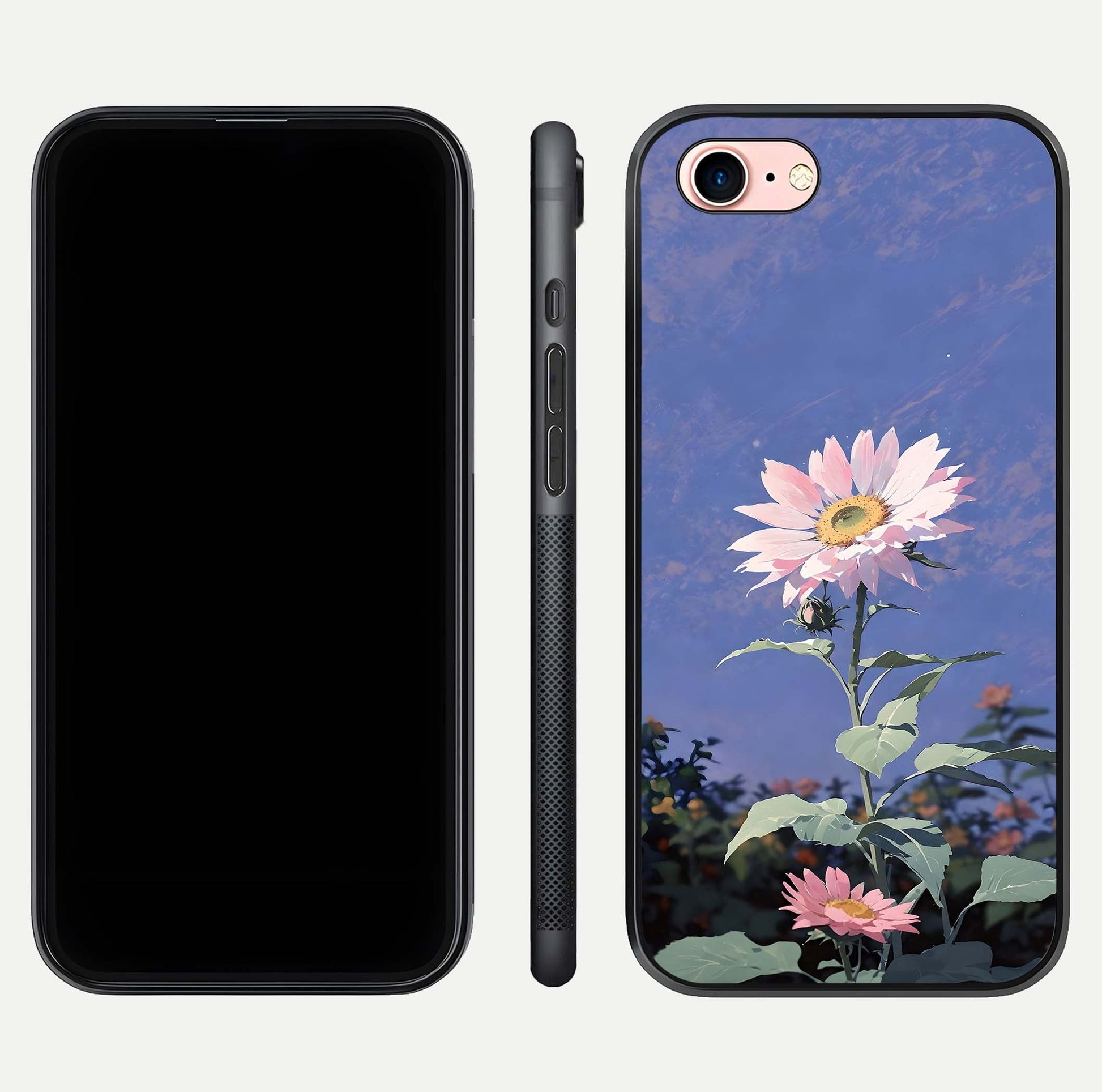 Pink Sunflower Glow Glass Case for iPhone 6 Plus front & back layout showing HD tones and bright finish