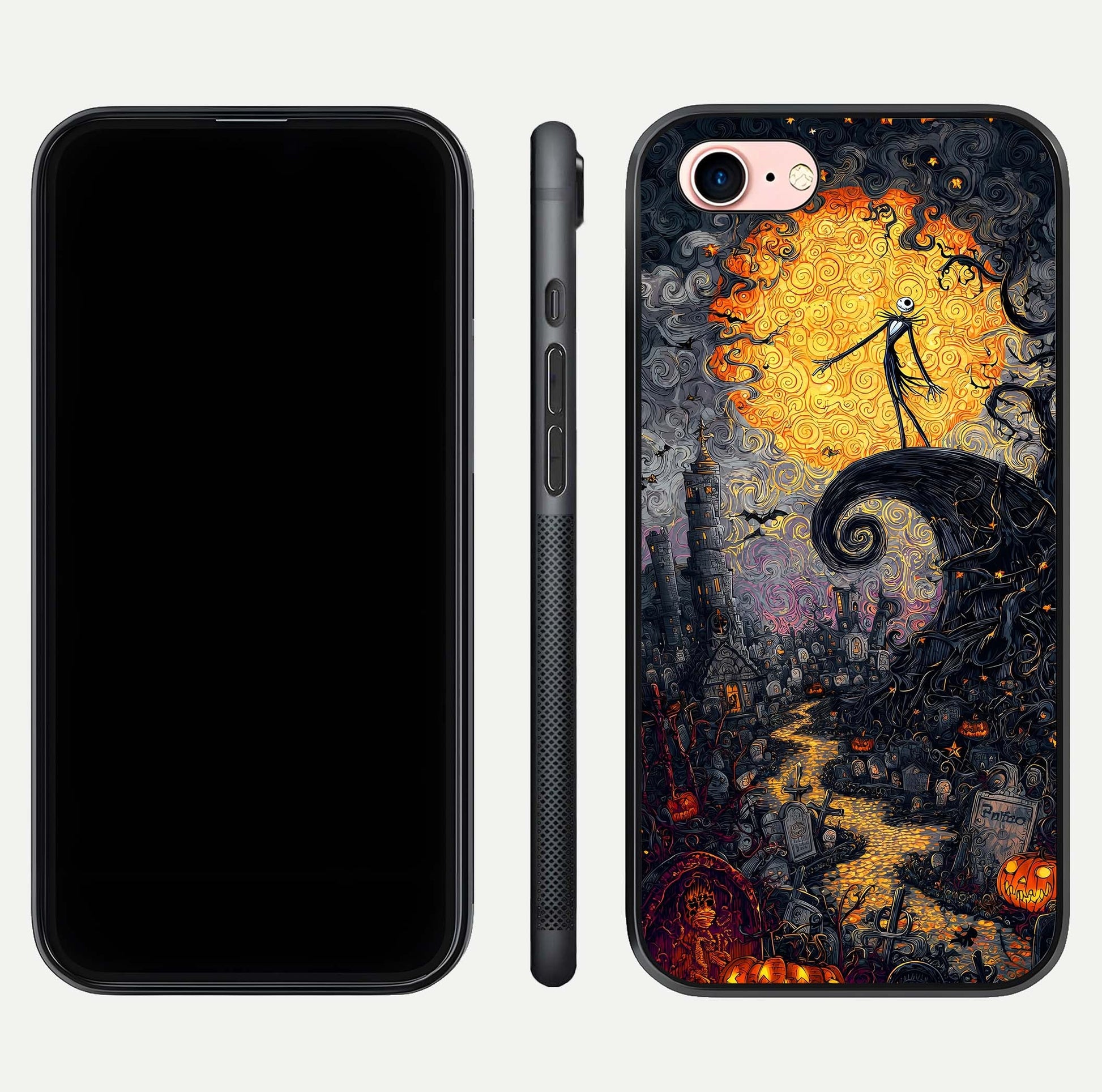 Pumpkin Moon Night Glass Case for iPhone 6 Plus front & back layout highlighting festive tones and smooth edges