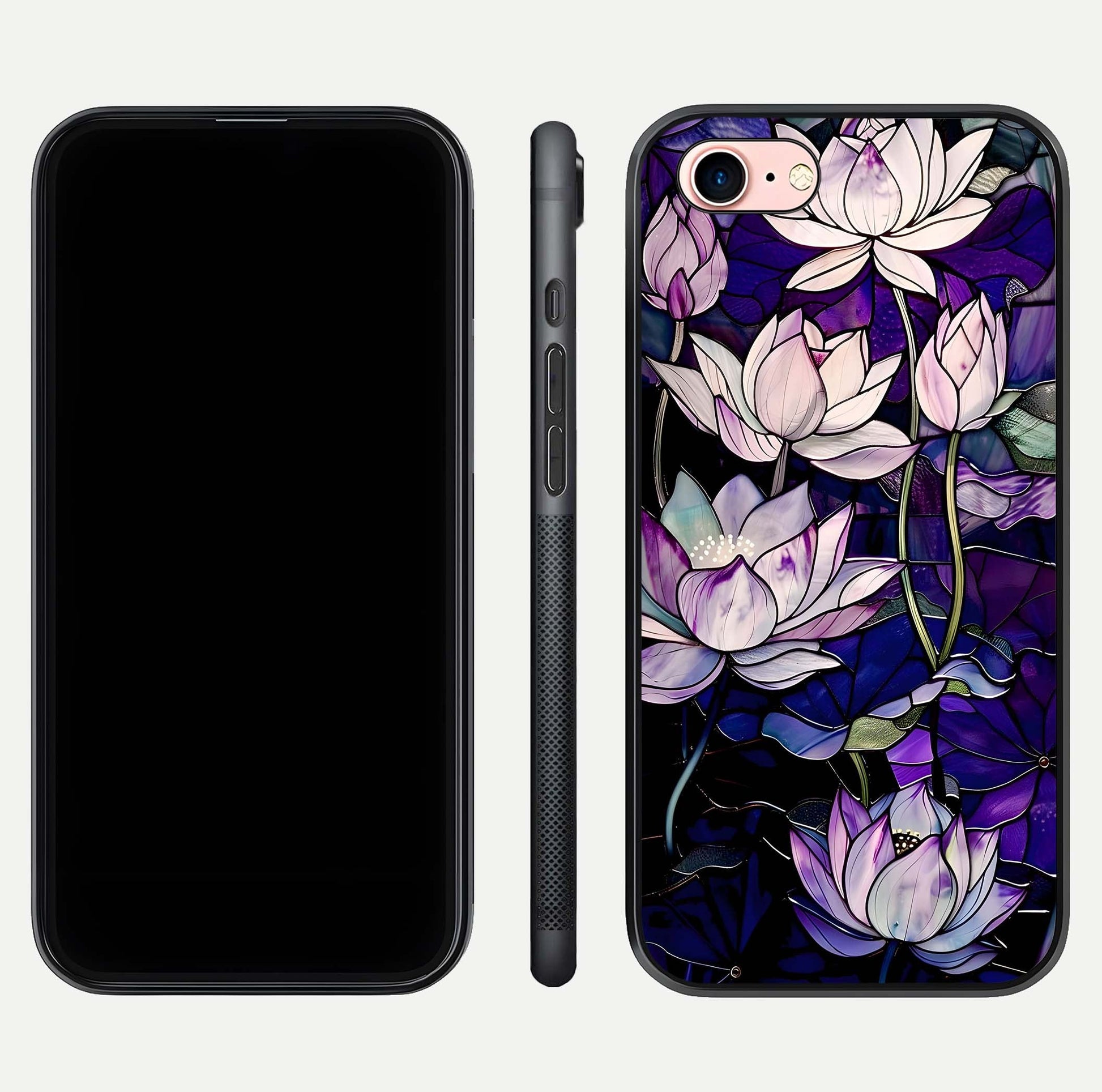 Purple Lotus Pattern Glass Case for iPhone 6 Plus front & back layout highlighting floral tones and soft edges