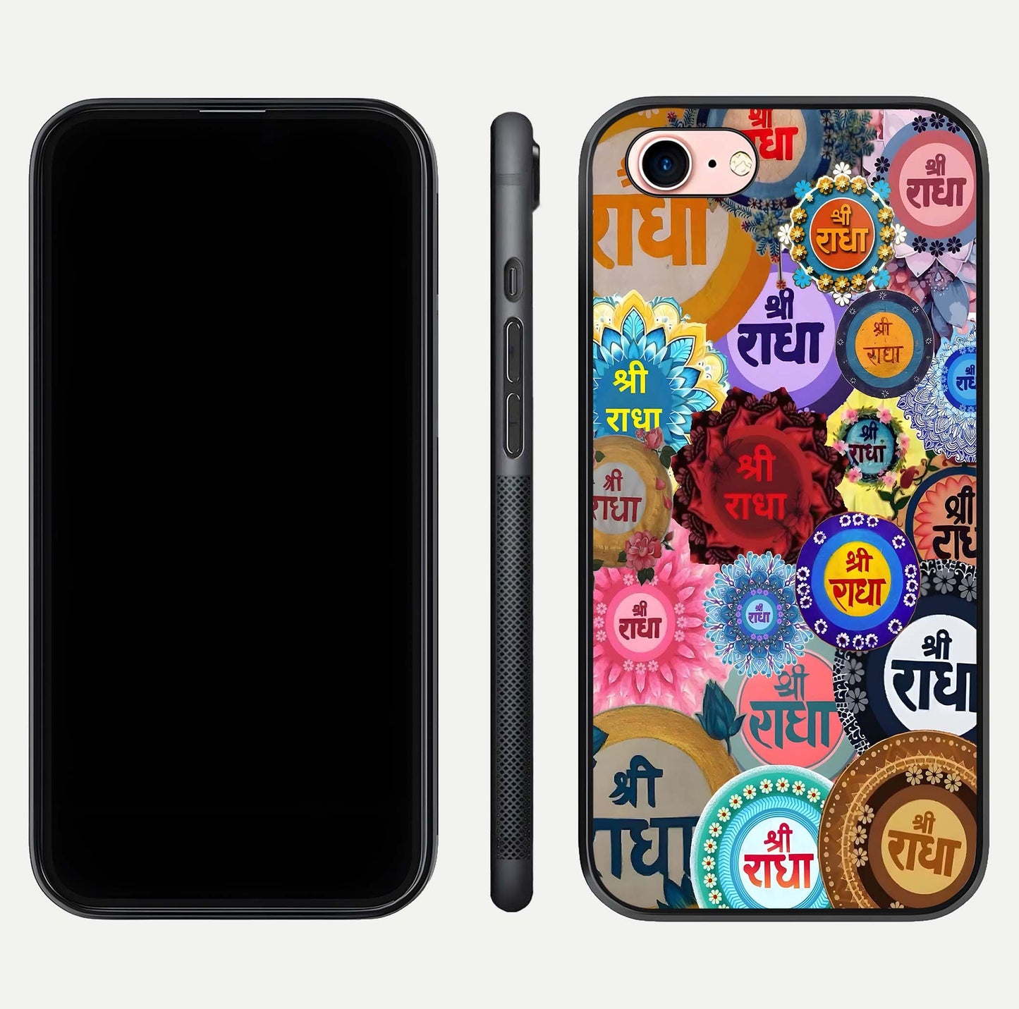 Radha Divine Bloom Glass Case for iPhone 6 Plus front & back layout showing spiritual tones and elegant edges