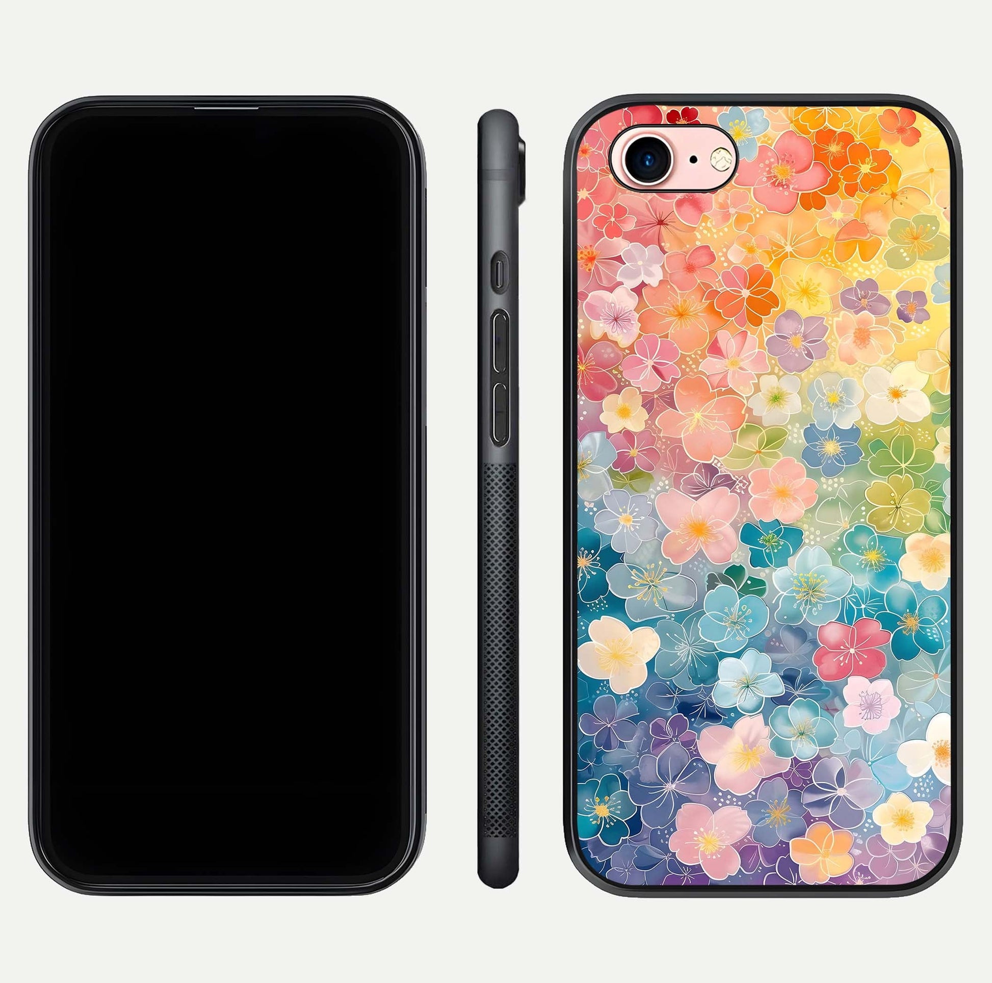 Rainbow Blossom Burst Glass Case for iPhone 6 Plus front & back layout showing bright tones and edge finish