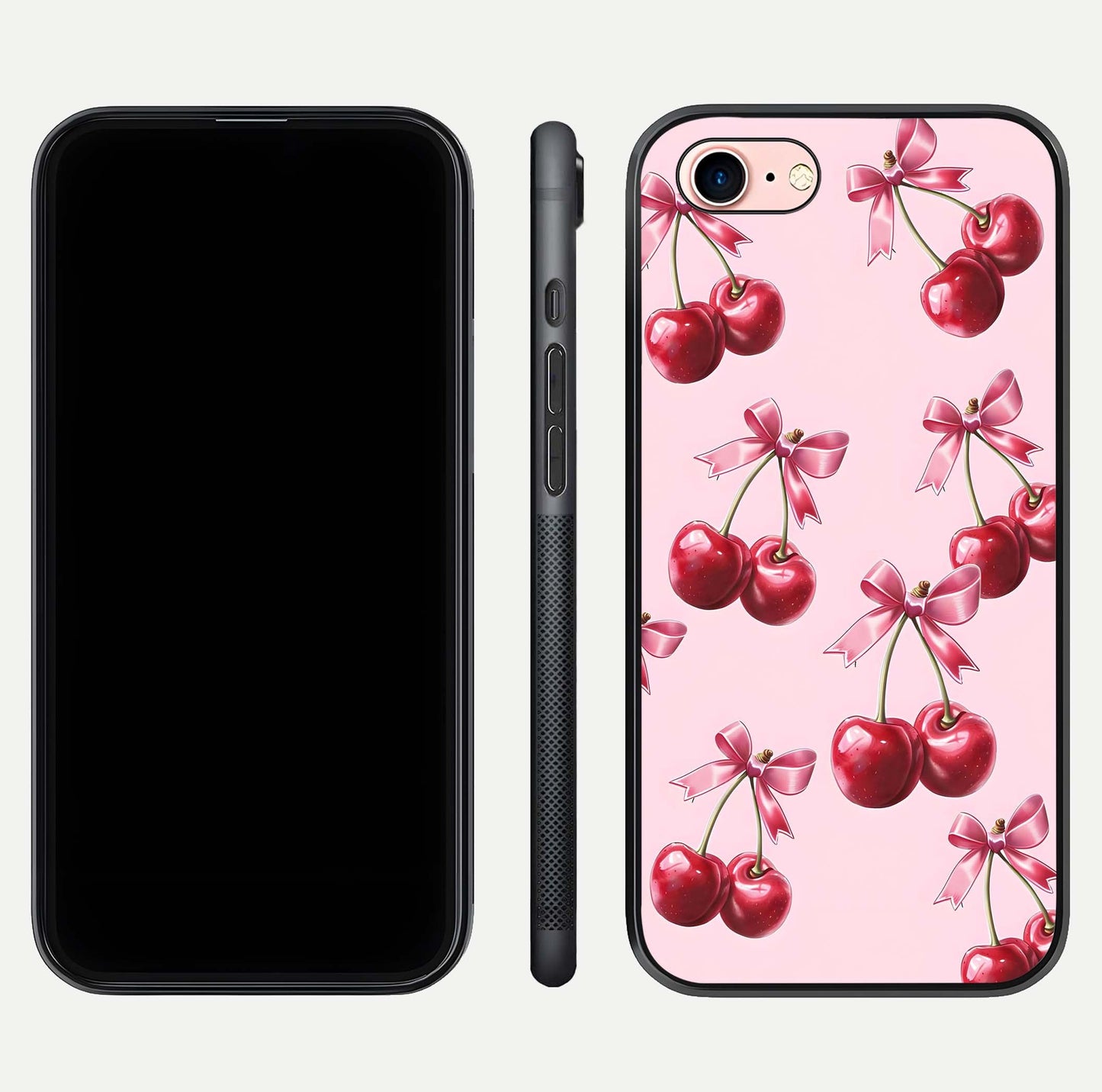 Red Cherries Pattern Glass Case for iPhone 6 Plus front & back layout highlighting vibrant fruit print and edges