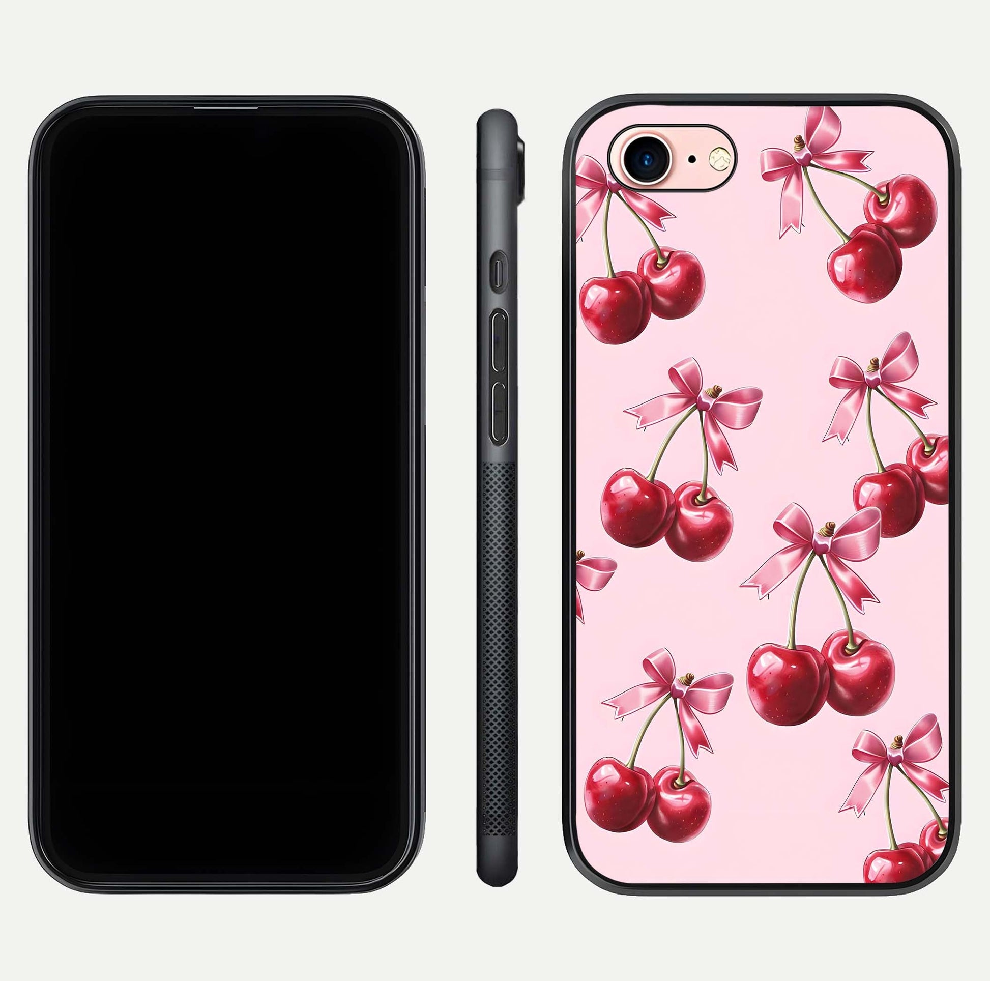 Red Cherries Pattern Glass Case for iPhone 6 Plus front & back layout highlighting vibrant fruit print and edges