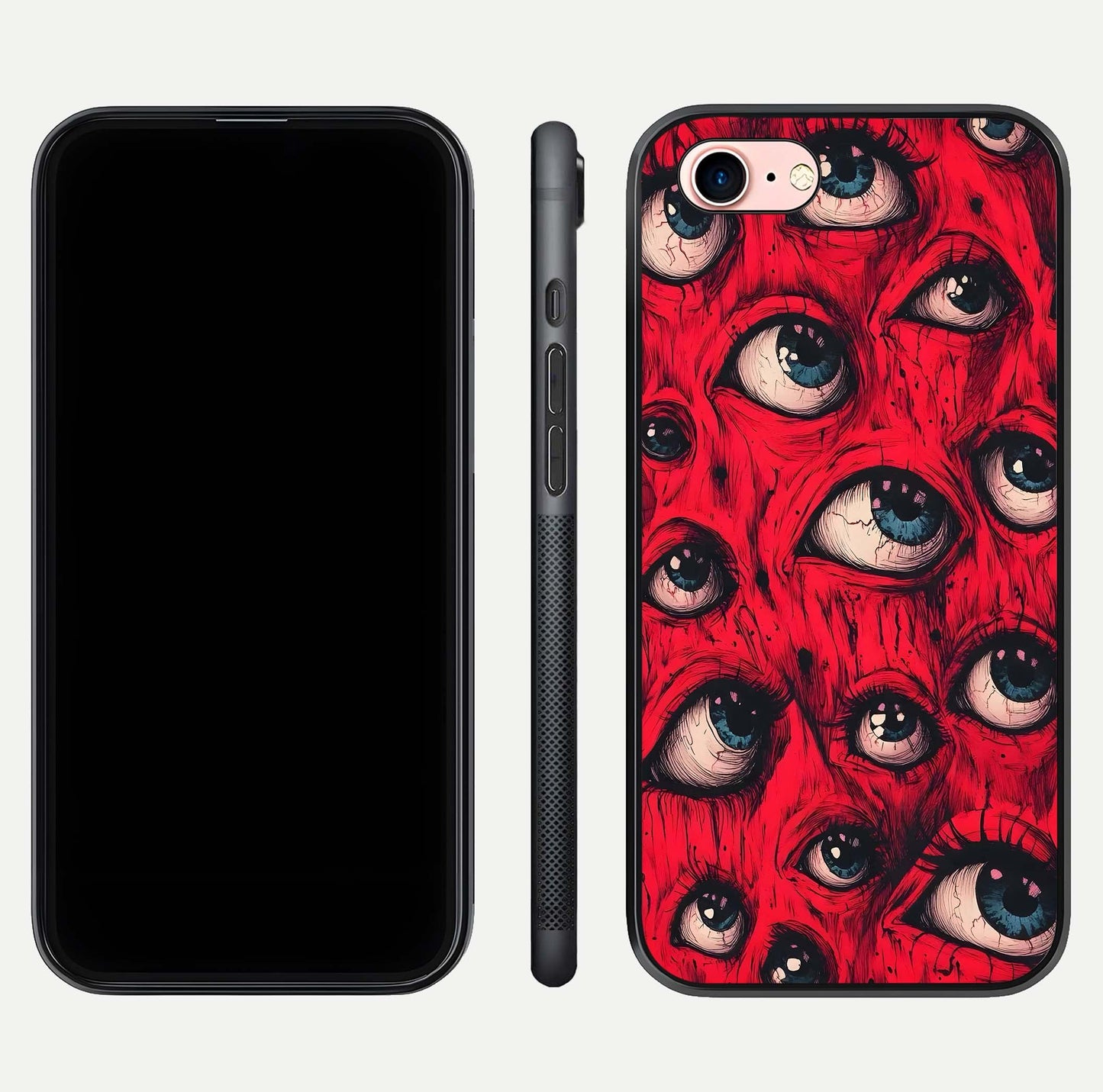 Red Eyes Pattern Glass Case for iPhone 6 Plus front & back layout showing sharp edge finish and design depth