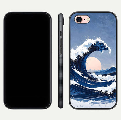 Rising Tide Power Glass Case for iPhone 6 Plus front & back layout showing ocean design and smooth glass edge