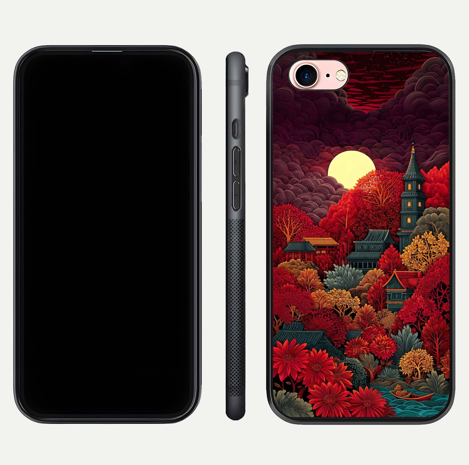 Scarlet Autumn Temple Glass Case for iPhone 6 Plus front & back layout showing scenic tones and curved edges