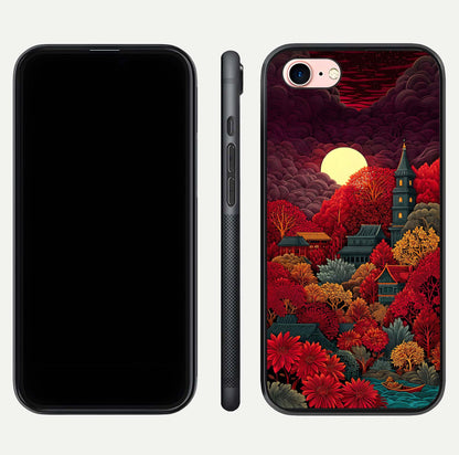 Scarlet Autumn Temple Glass Case for iPhone 6 Plus front & back layout showing scenic tones and curved edges