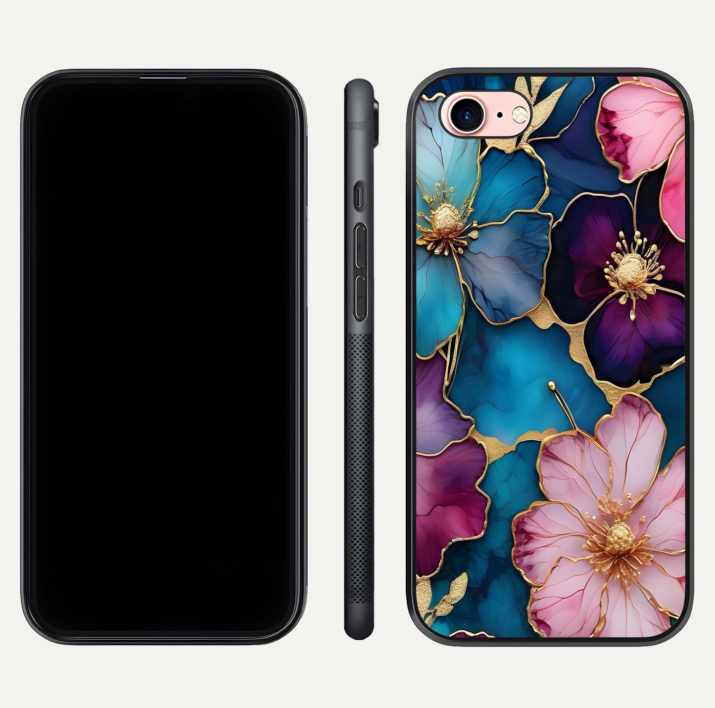 Sparkle Floral Glass Case for iPhone 6 Plus front & back layout showing floral print and edge clarity