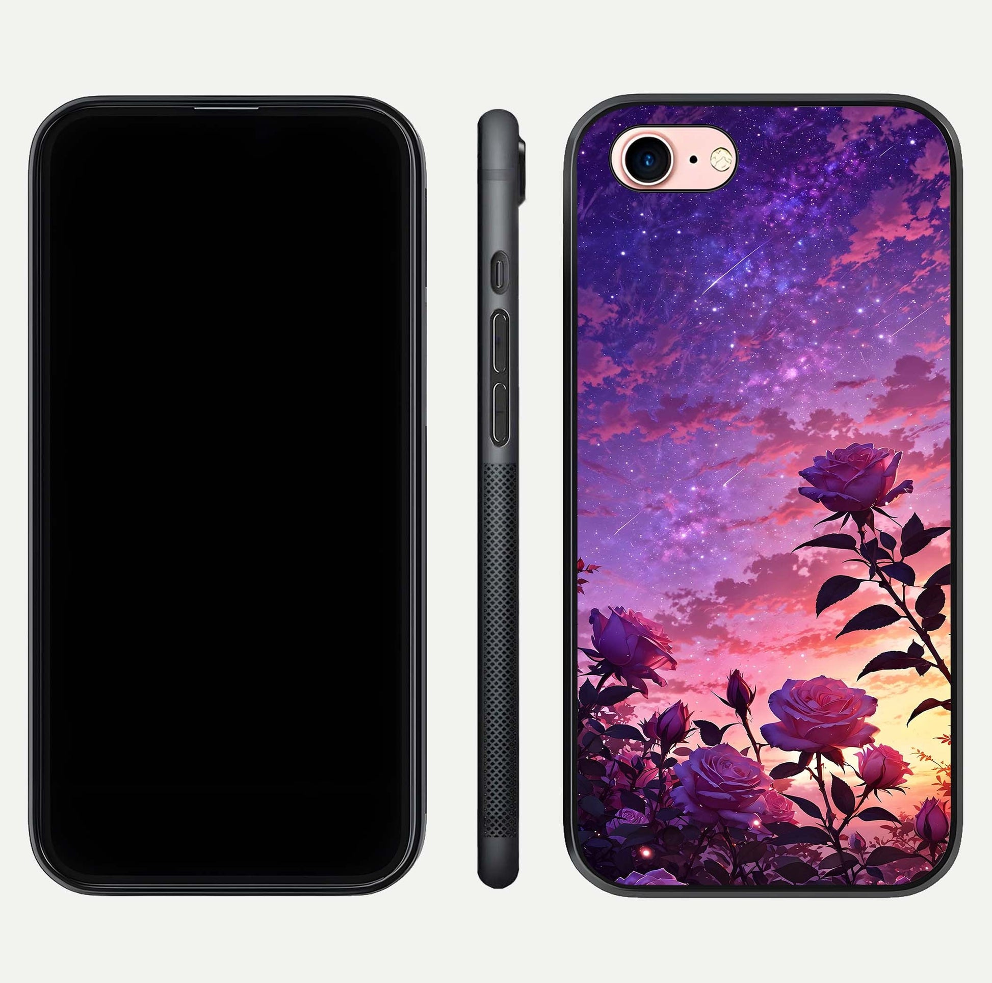 Starlit Rose Twilight Glass Case for iPhone 6 Plus front & back layout showing floral blend and glossy edge