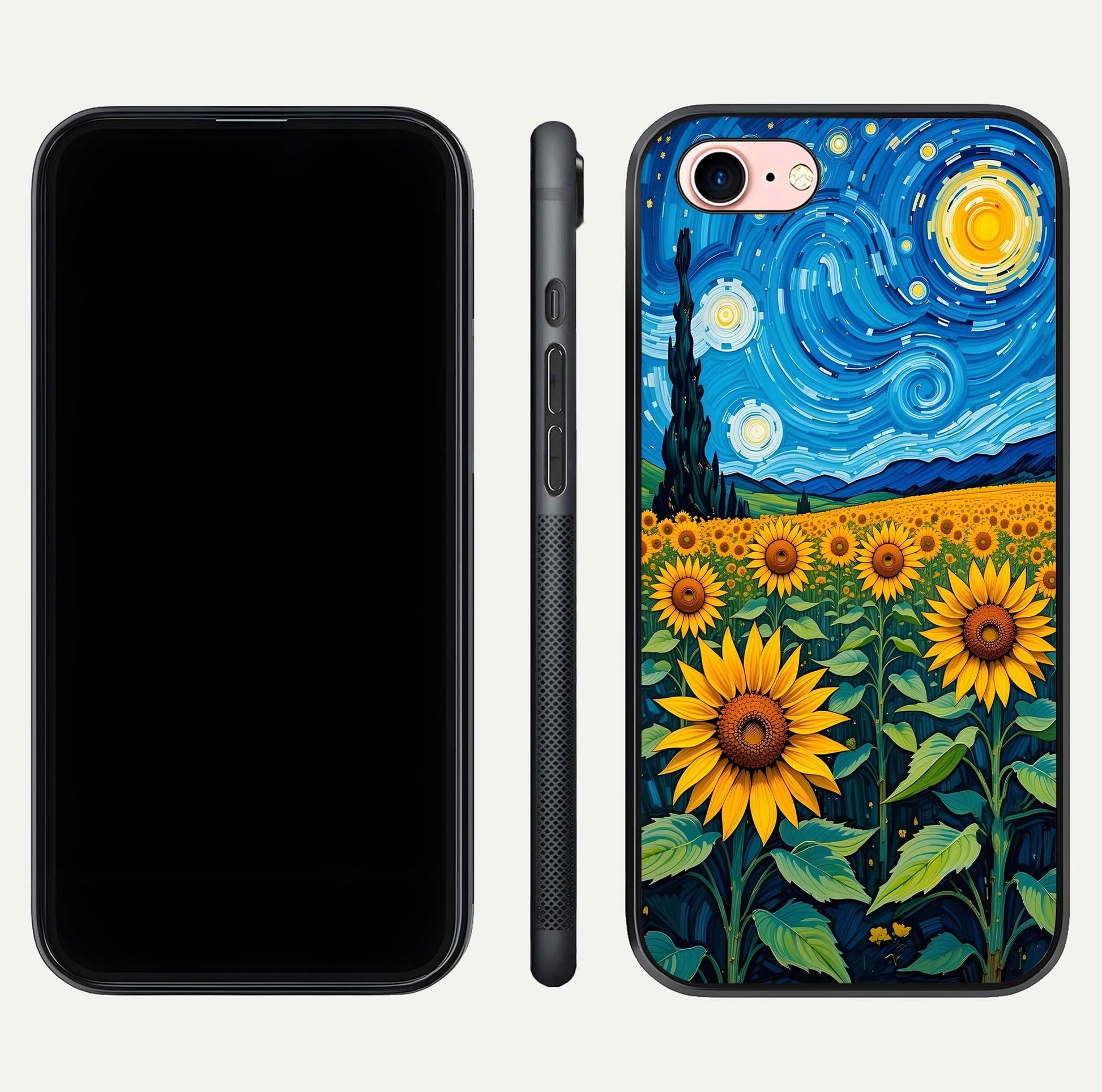 Starry Sunflower Dreams Glass Case for iPhone 6 Plus front & back layout showing floral blend and edge detail