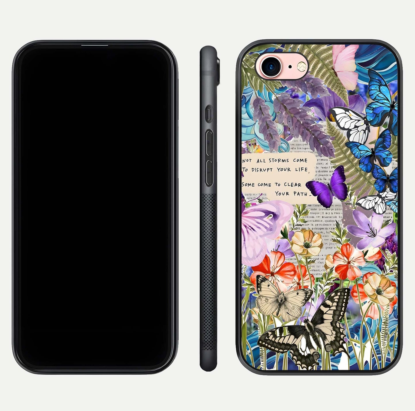 Storm Path Bloom Glass Case for iPhone 6 Plus front & back layout showing moody floral blend and edges