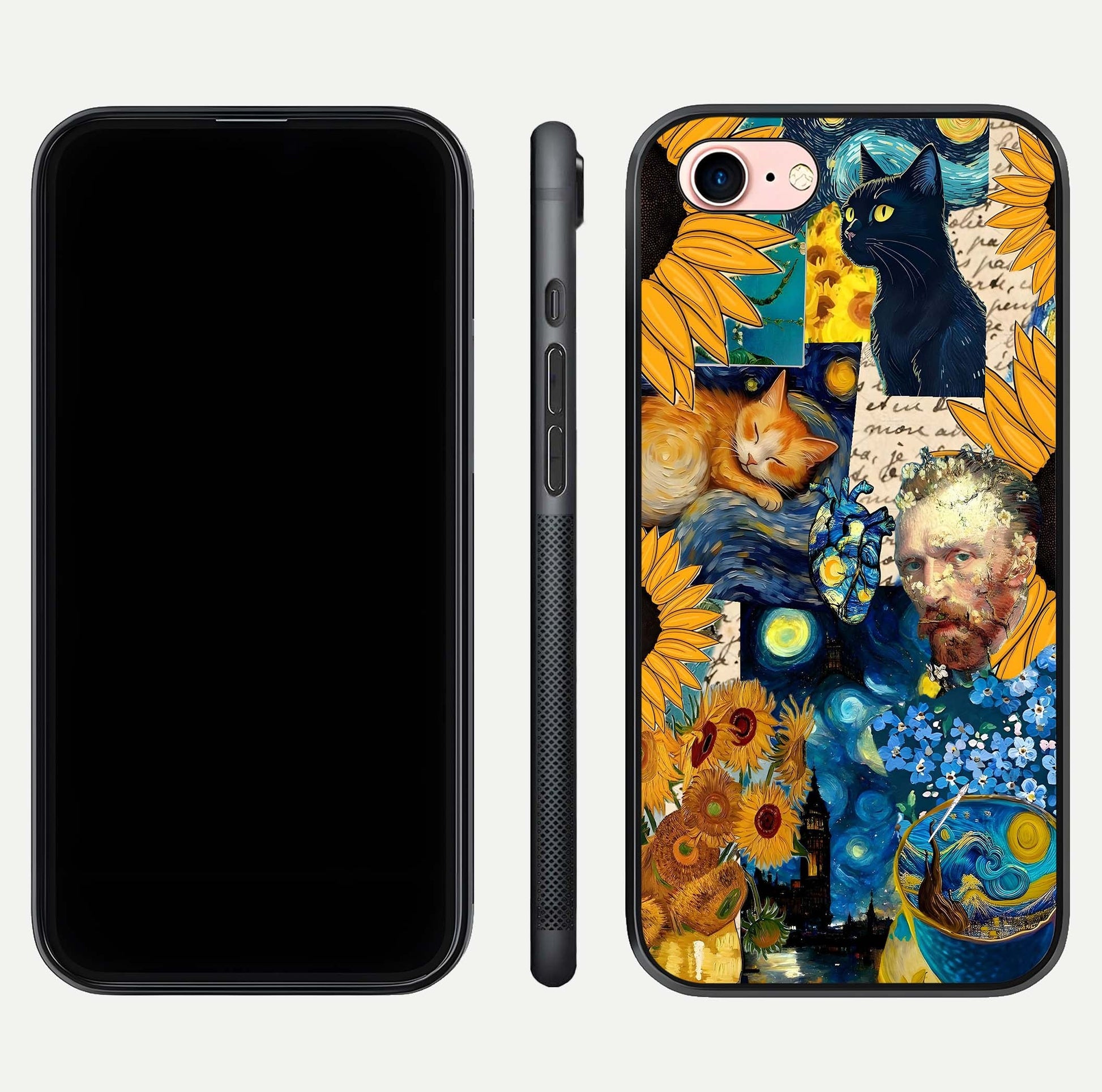 Sunflower Cat Art Glass Case for iPhone 6 Plus front & back layout showing detailed floral cat design and edges