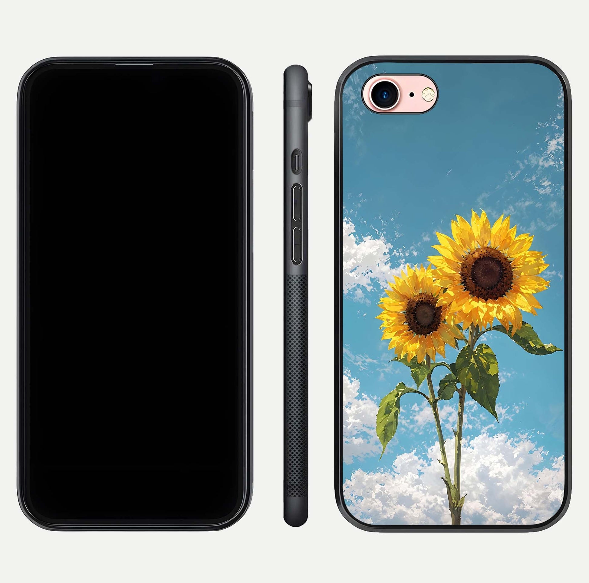 Sunflower Sky Bloom Glass Case for iPhone 6 Plus front & back layout showing soft blue tones and flower contrast