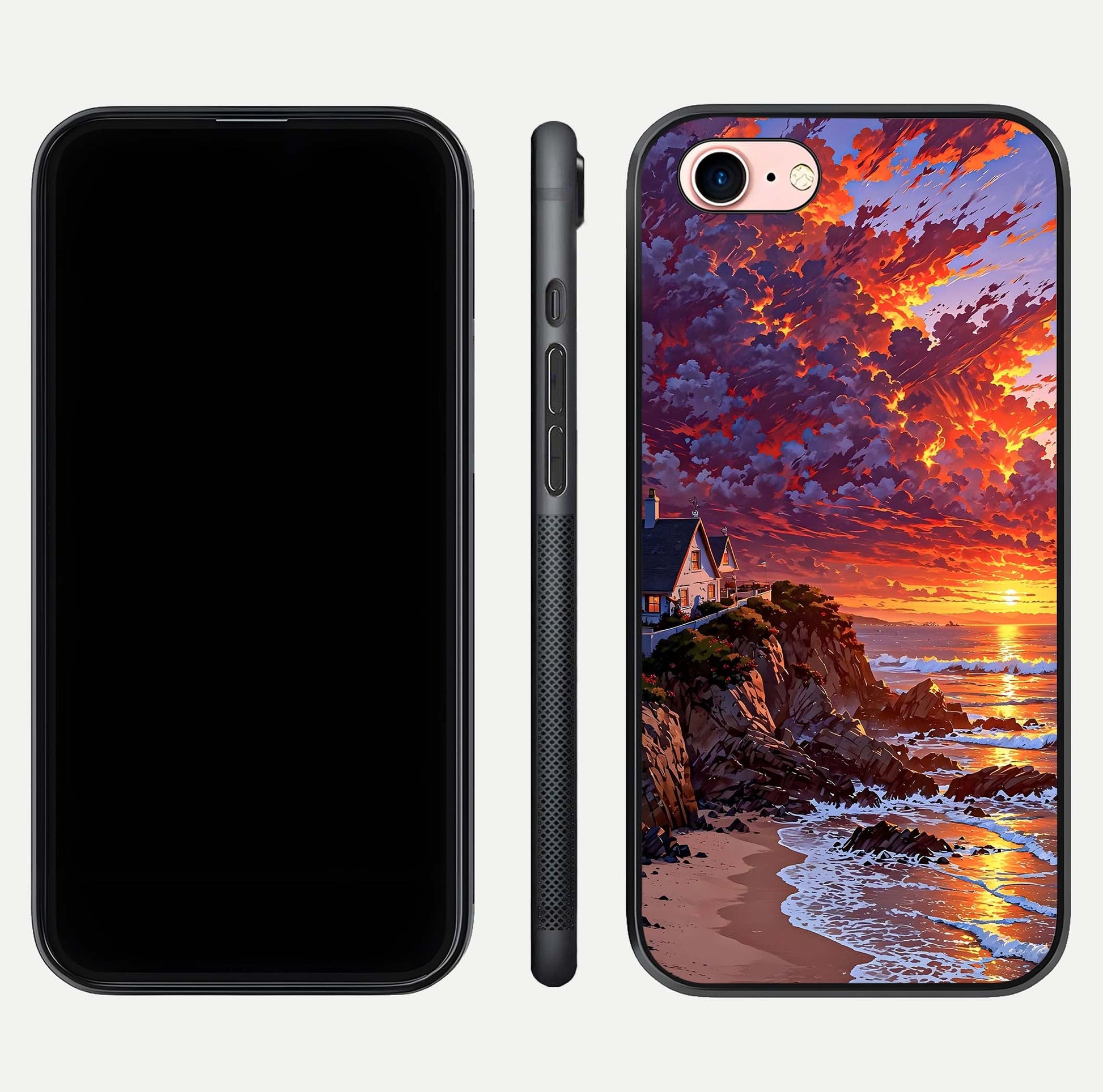 Sunset House by Sea Glass Case for iPhone 6 Plus front & back layout showing scenic gradient and curved edge