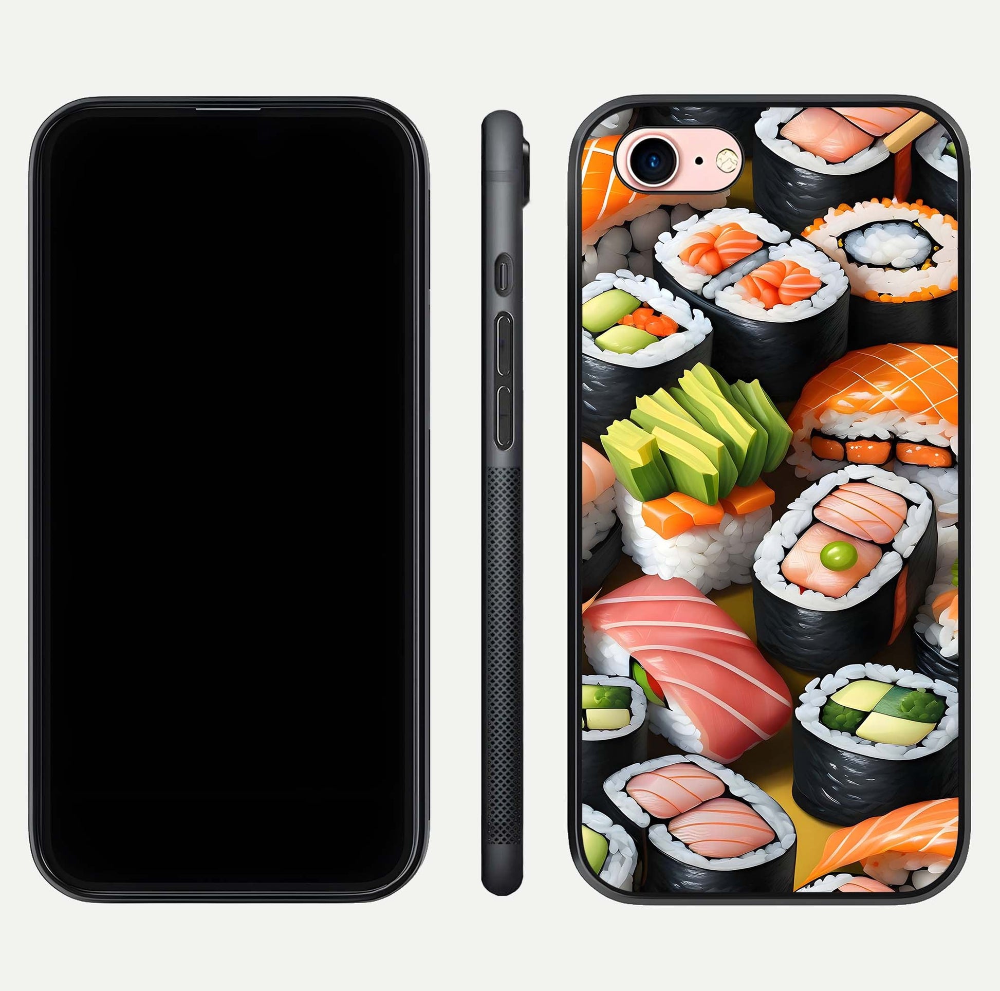Sushi Food Pattern Glass Case for iPhone 6 Plus front & back layout showing playful food theme and clear edges