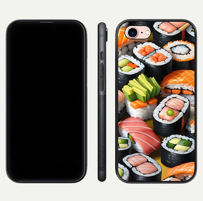 Sushi Food Pattern Glass Case for iPhone 6 Plus front & back layout showing playful food theme and clear edges