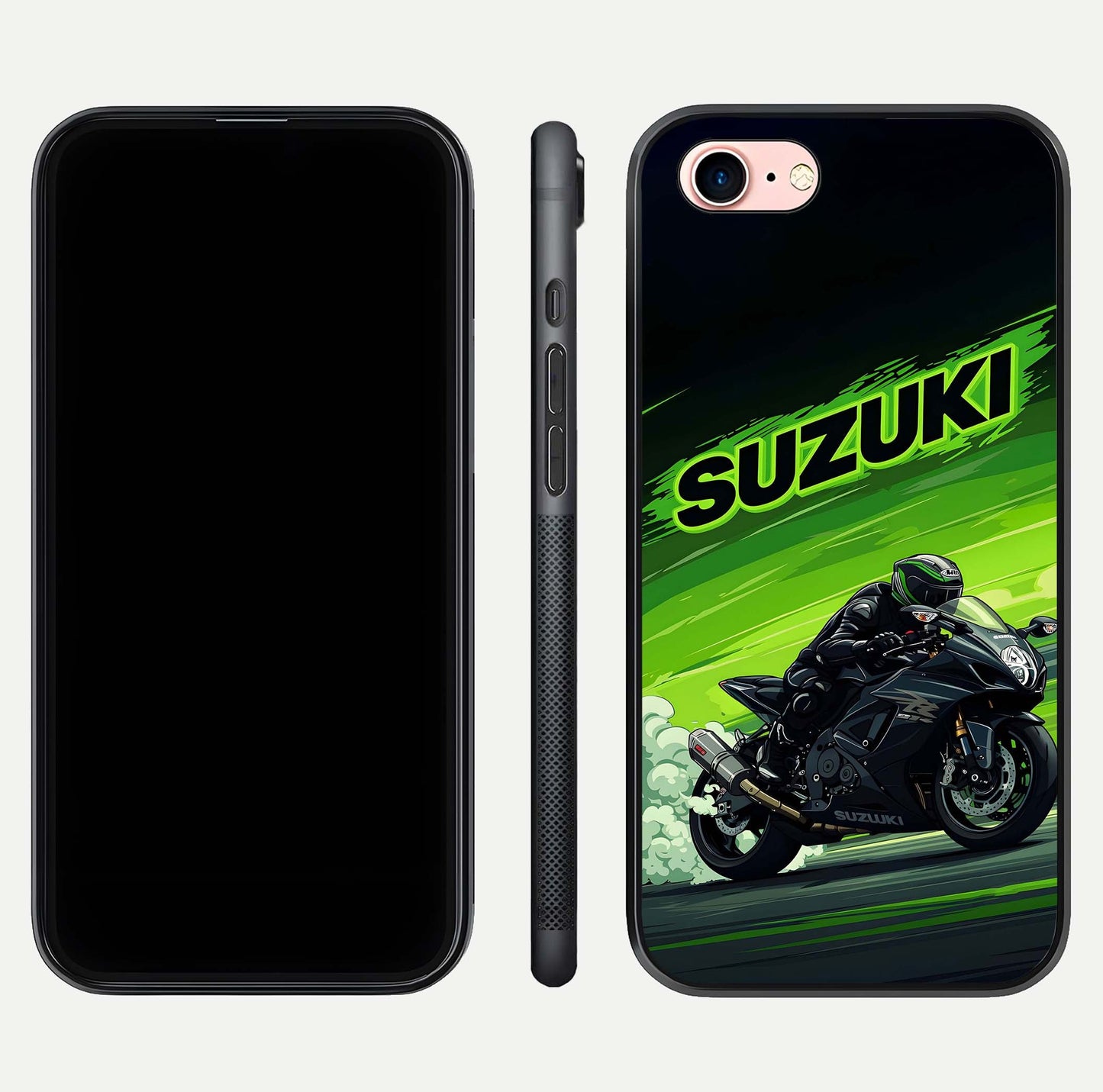 Suzuki Speed Beast Glass Case for iPhone 6 Plus front & back layout showing motion blur and sleek edges