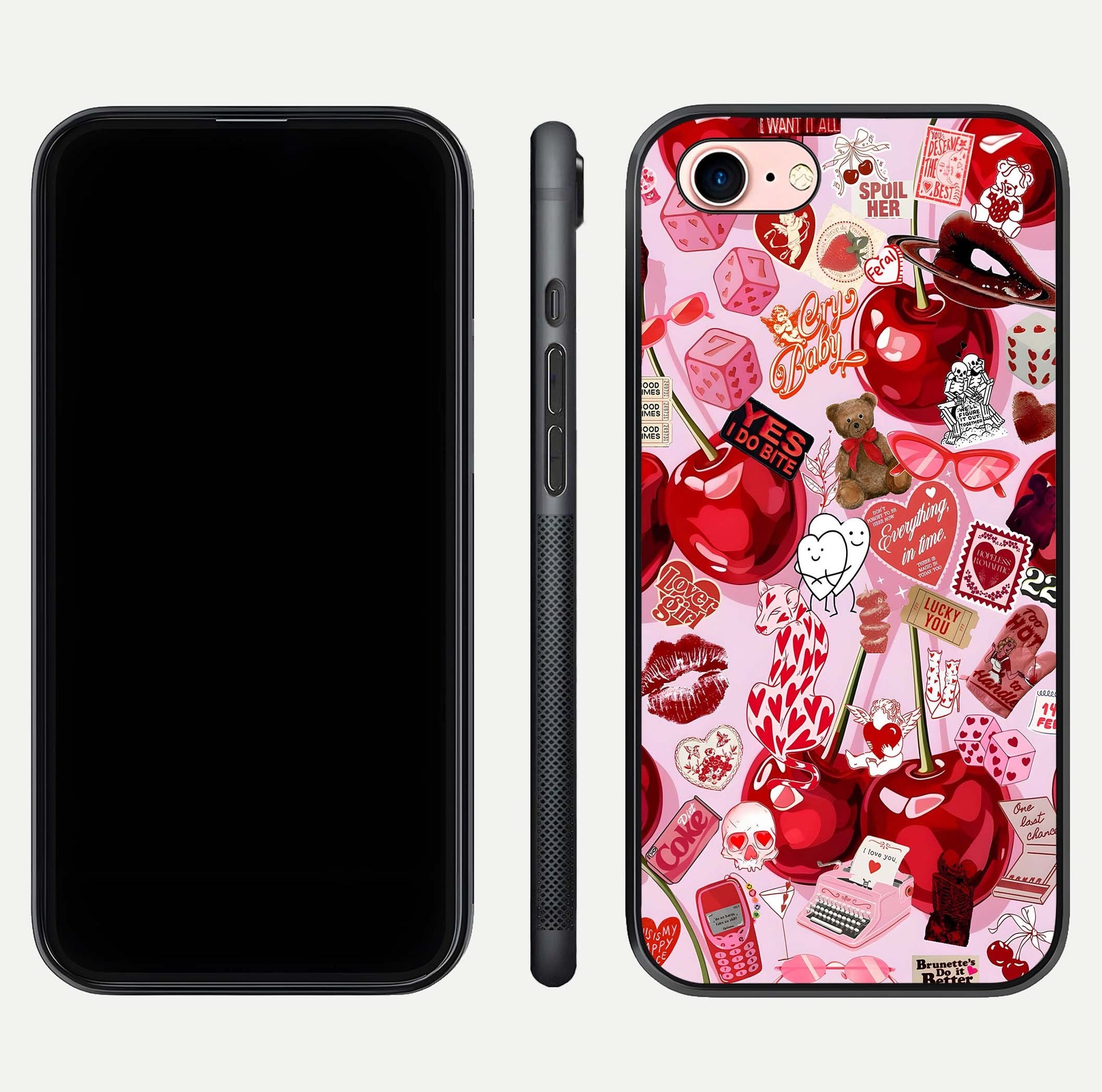Sweet Cherry Chaos Glass Case for iPhone 6 Plus front & back layout showing vibrant cherries and smooth edges
