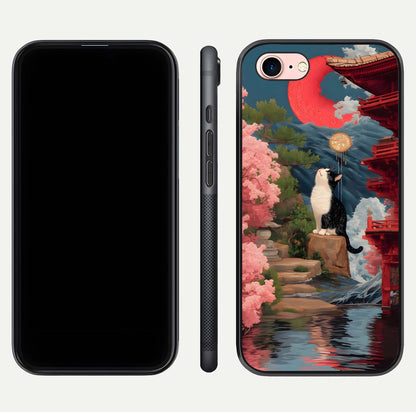 Temple Cat Scenery Glass Case for iPhone 6 Plus front & back layout showing scenic print and edge design