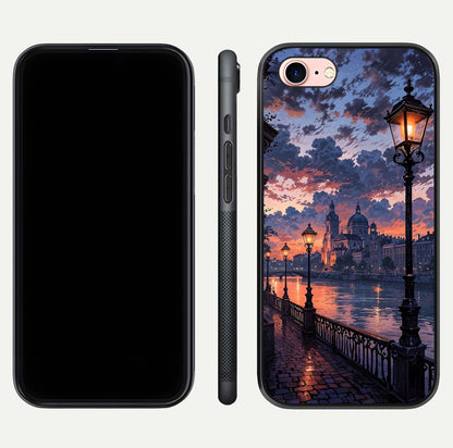 Twilight River Lights Glass Case for iPhone 6 Plus front & back layout showing scenic artwork and smooth curved edges