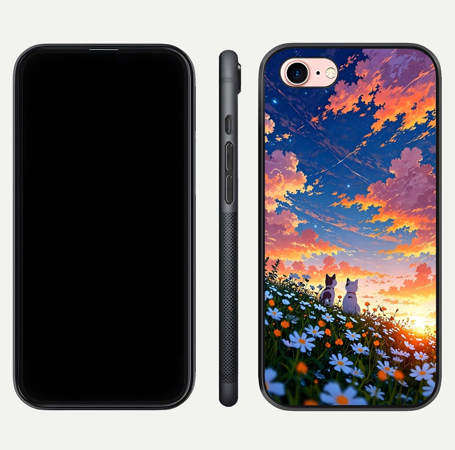 Two Cats Friends Glass Case for iPhone 6 Plus front & back layout showing friendly cat theme and edge design
