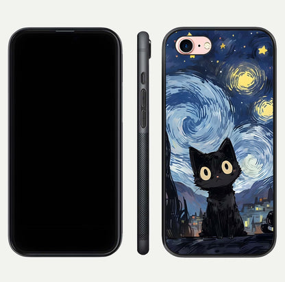 Van Gogh Cat Glass Case for iPhone 6 Plus front & back layout showing detailed art print and curved glass edges