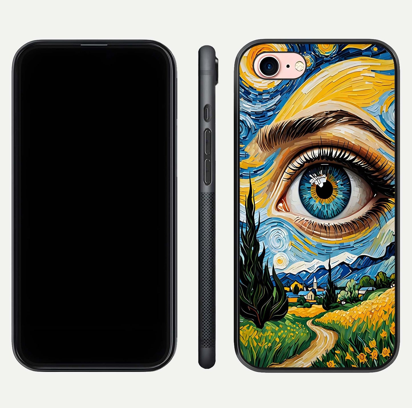 Van Gogh Eye Glass Case for iPhone 6 Plus front & back layout showing brushstroke detail and smooth finish