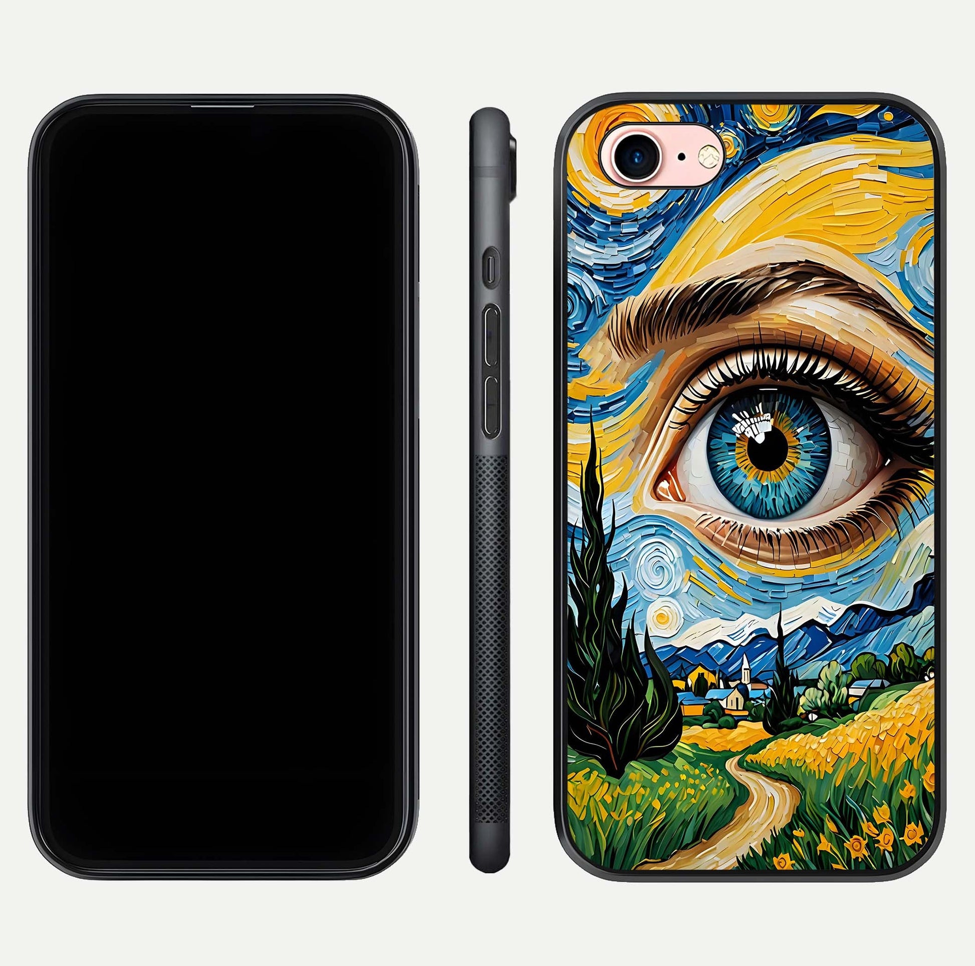 Van Gogh Eye Glass Case for iPhone 6 Plus front & back layout showing brushstroke detail and smooth finish