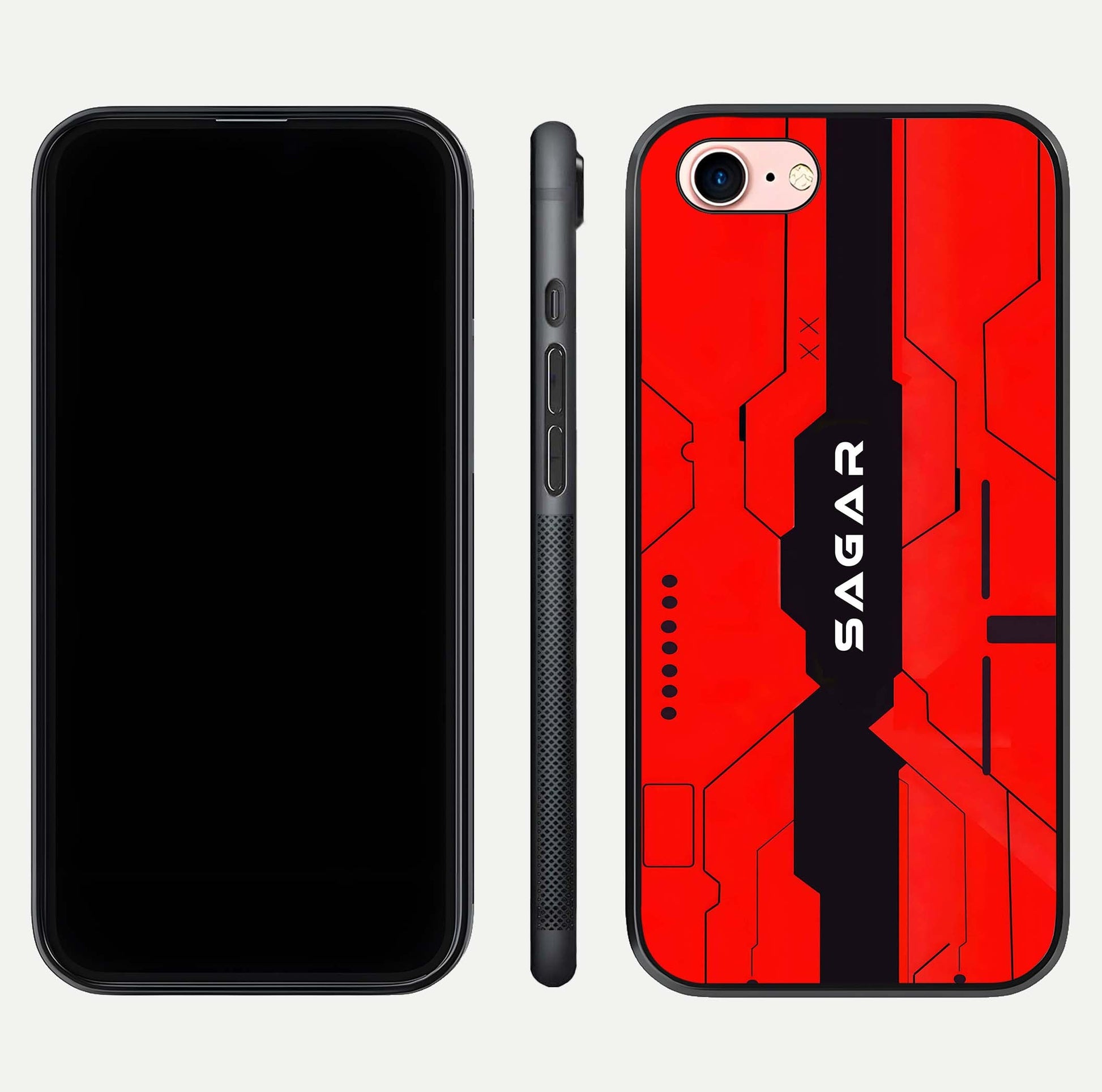 Voltage Rise CYBERPUNK Custom Name Glass Case for iPhone 6 Plus front & back layout showing futuristic tones and sleek edge