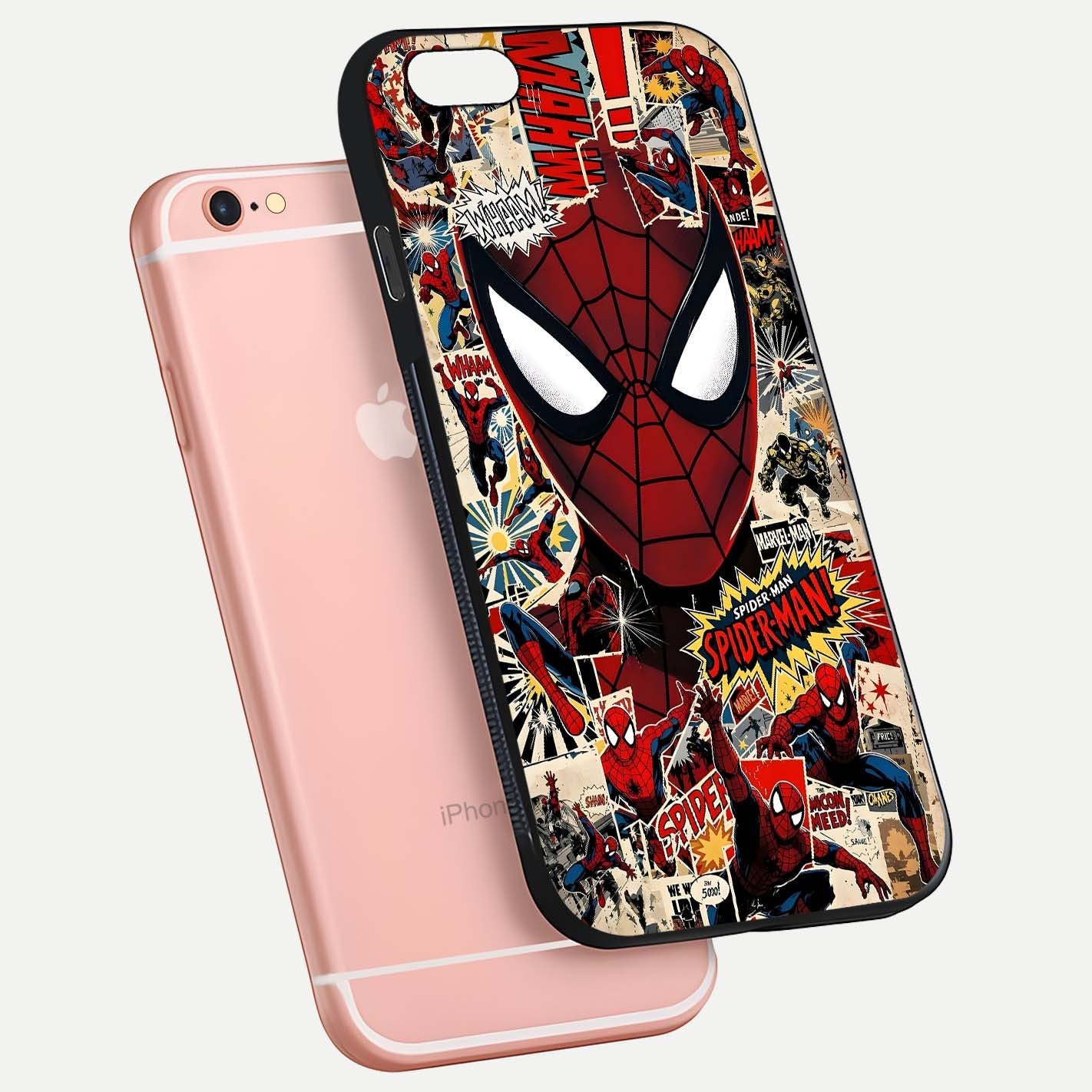 Aesthetic Wonder Spider Glass Case for iPhone 6 Plus floating mockup emphasizing superhero art and glossy reflection