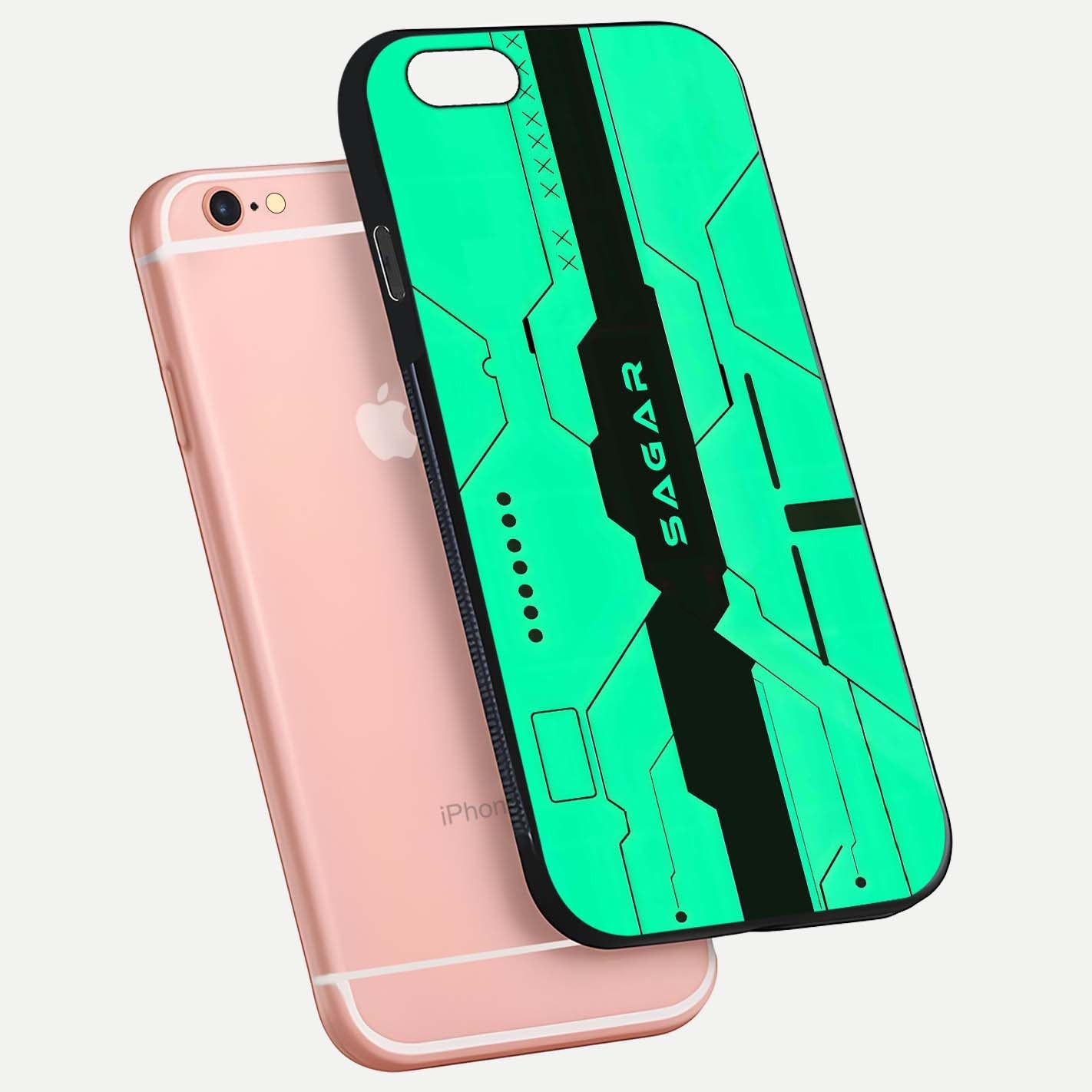Aqua Tech CYBERPUNK Custom Name Glass Case for iPhone 6 Plus floating mockup highlighting name customization area