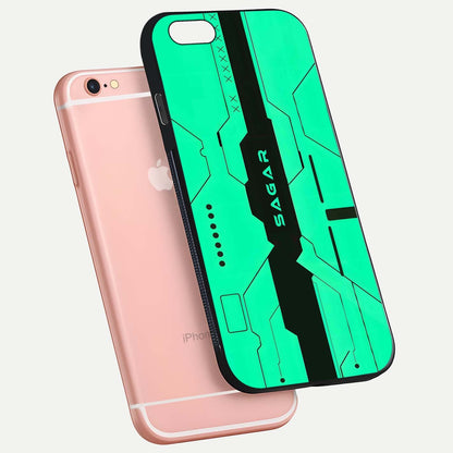 Aqua Tech CYBERPUNK Custom Name Glass Case for iPhone 6 Plus floating mockup highlighting name customization area