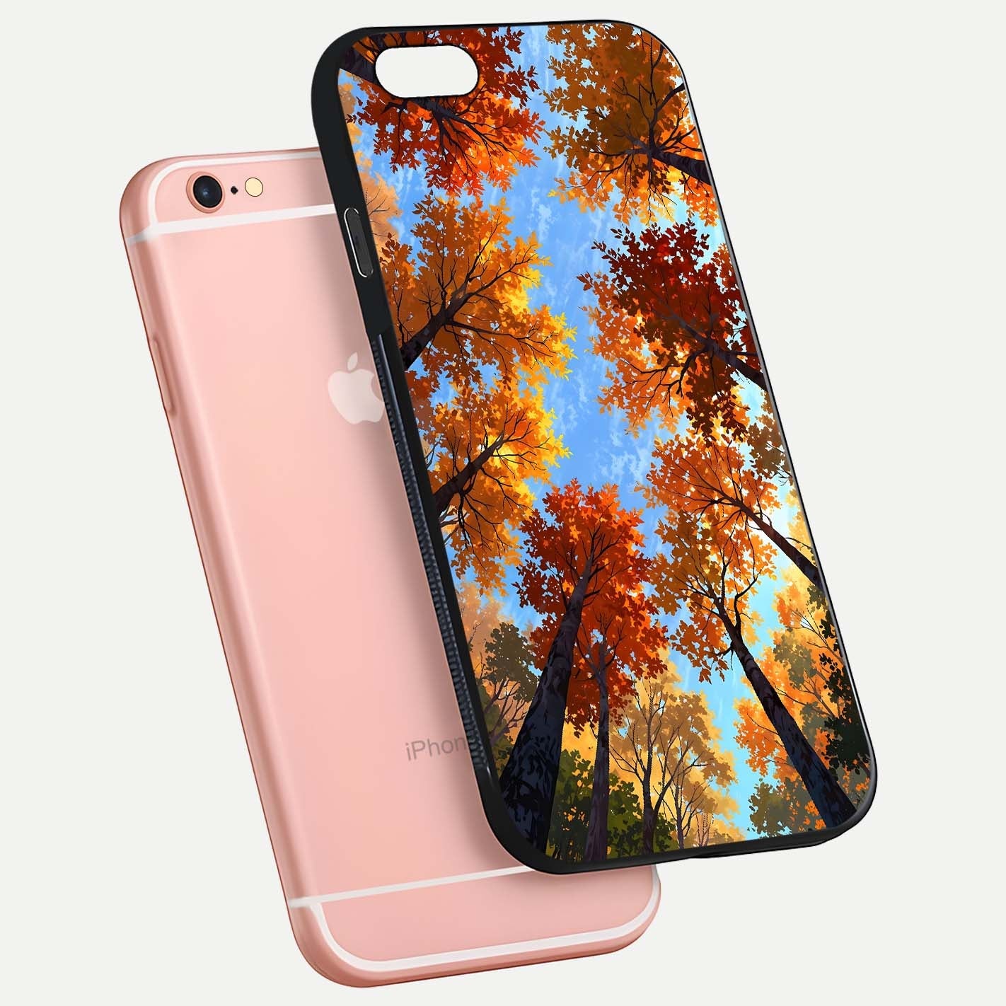 Autumn Sky Rise Glass Case for iPhone 6 Plus floating dual-view mockup with sky horizon and glossy highlights
