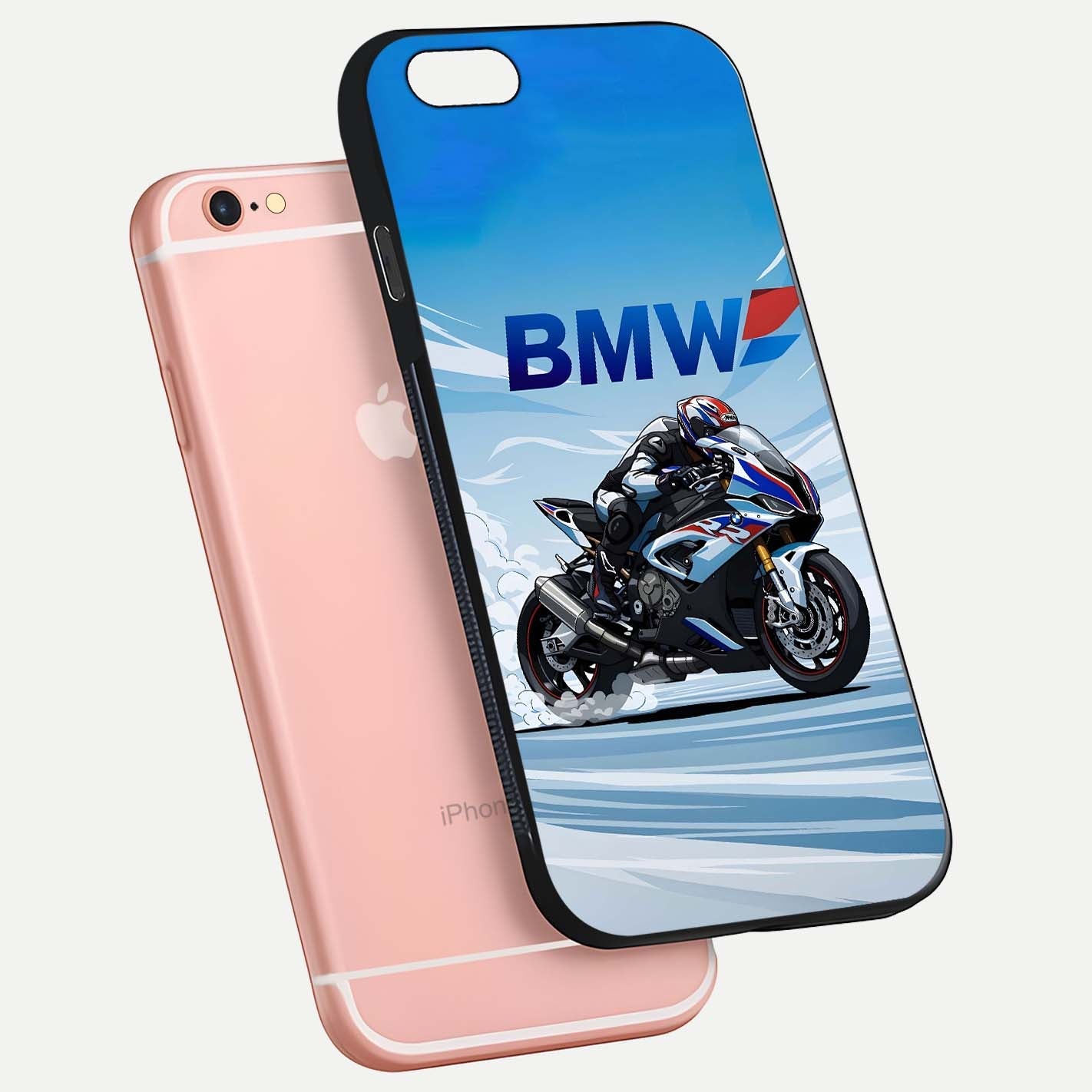 BMW Power Drift Glass Case for iPhone 6 Plus floating mockup displaying bold drift artwork and glossy polish
