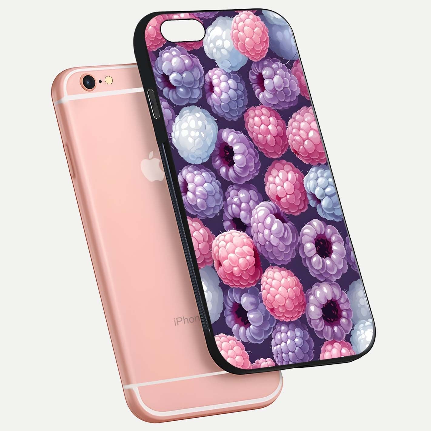 Berry Candy Pop Glass Case for iPhone 6 Plus floating dual-view mockup highlighting gloss shine and curved edges