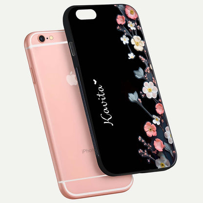 Black Elegance Floral Custom Name Glass Case for iPhone 6 Plus floating mockup emphasizing premium shine and floral art