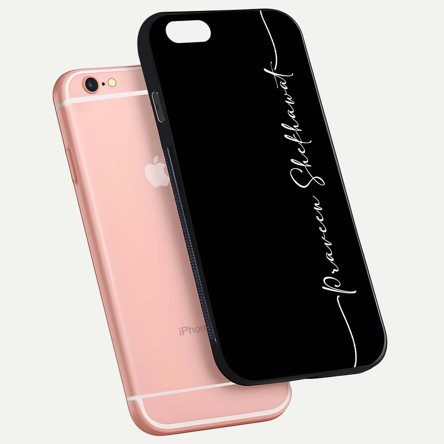 Black Tune Custom Name Glass Case for iPhone 6 Plus floating dual-view mockup emphasizing modern glossy texture