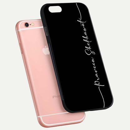 Black Tune Custom Name Glass Case for iPhone 6 Plus floating dual-view mockup emphasizing modern glossy texture