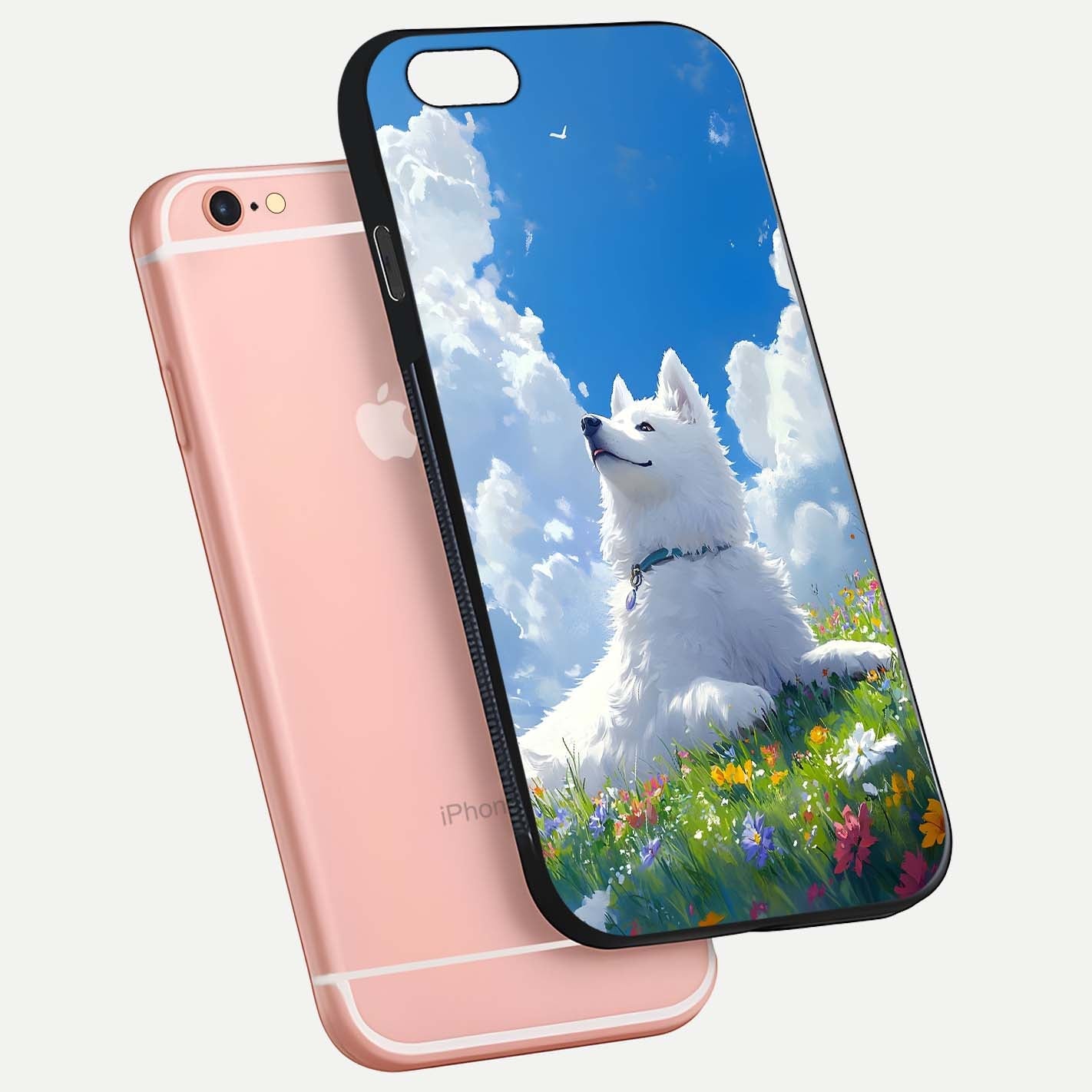 Blissful Cloud Pup Glass Case for iPhone 6 Plus floating mockup capturing playful aesthetic and gloss finish