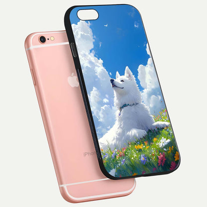Blissful Cloud Pup Glass Case for iPhone 6 Plus floating mockup capturing playful aesthetic and gloss finish