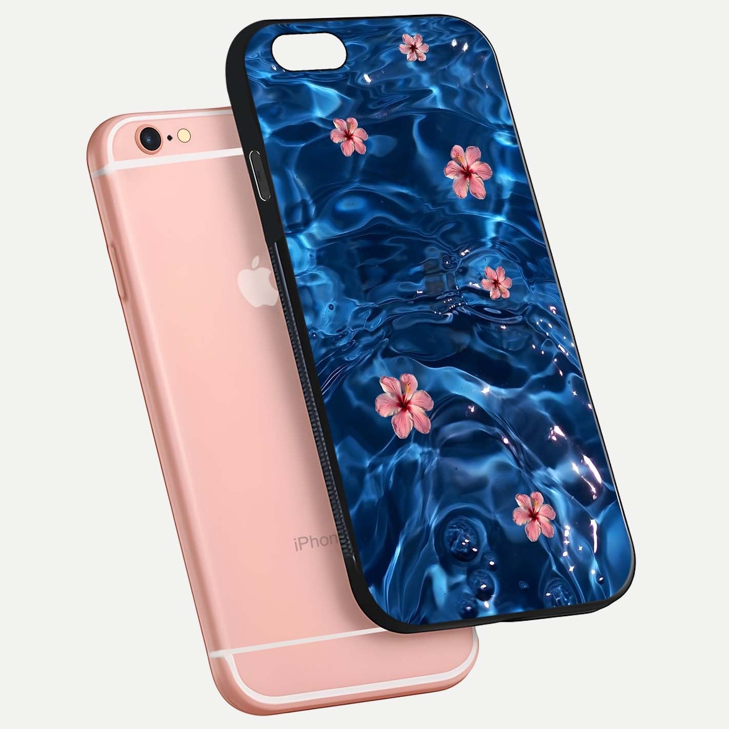 Blooming Water Drift Glass Case for iPhone 6 Plus floating dual-view mockup showing floral drift pattern and reflective surface