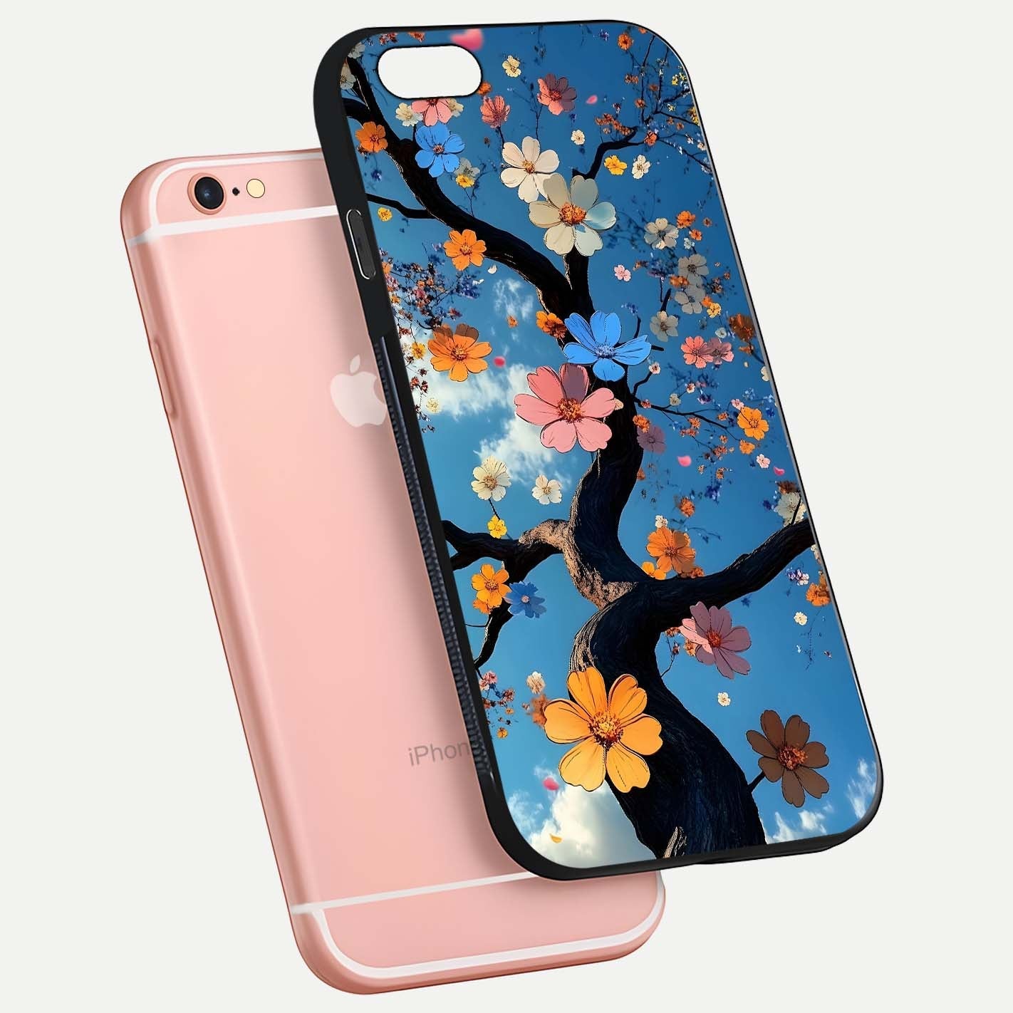 Blossom Dream Sky Glass Case for iPhone 6 Plus floating dual-mockup displaying smooth finish and elegant sky tones