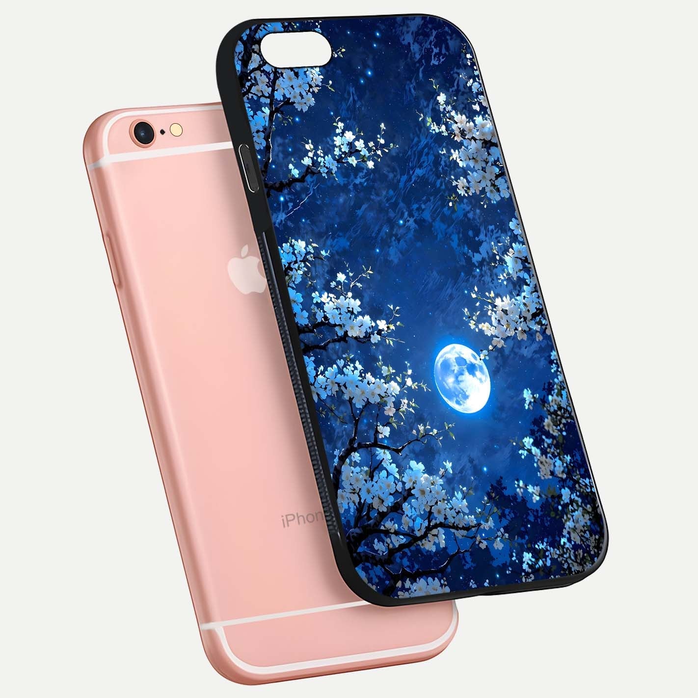 Blossom Moonlight Sky Glass Case for iPhone 6 Plus floating mockup showing glowing moon accent and HD gloss texture