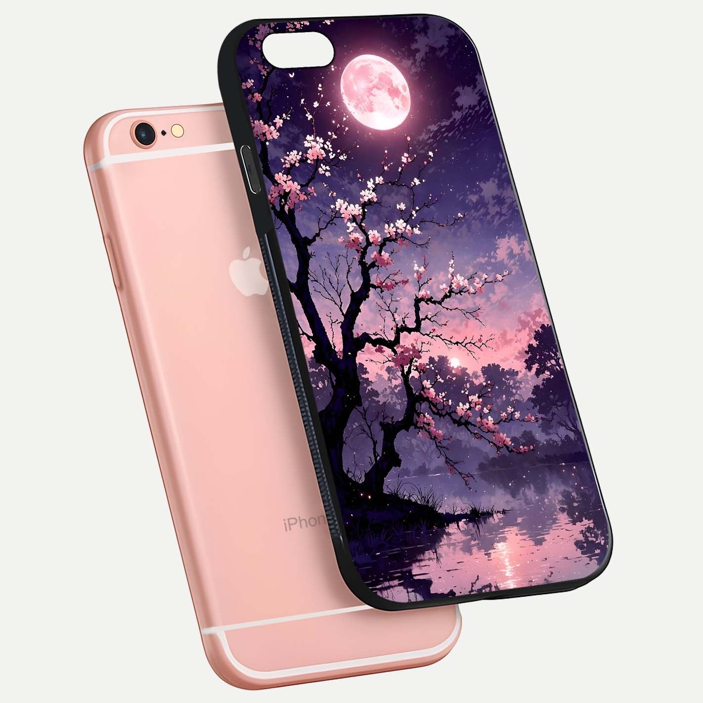 Blossom Pink Moon Glass Case for iPhone 6 Plus floating mockup emphasizing dreamy pink moon aura and smooth finish